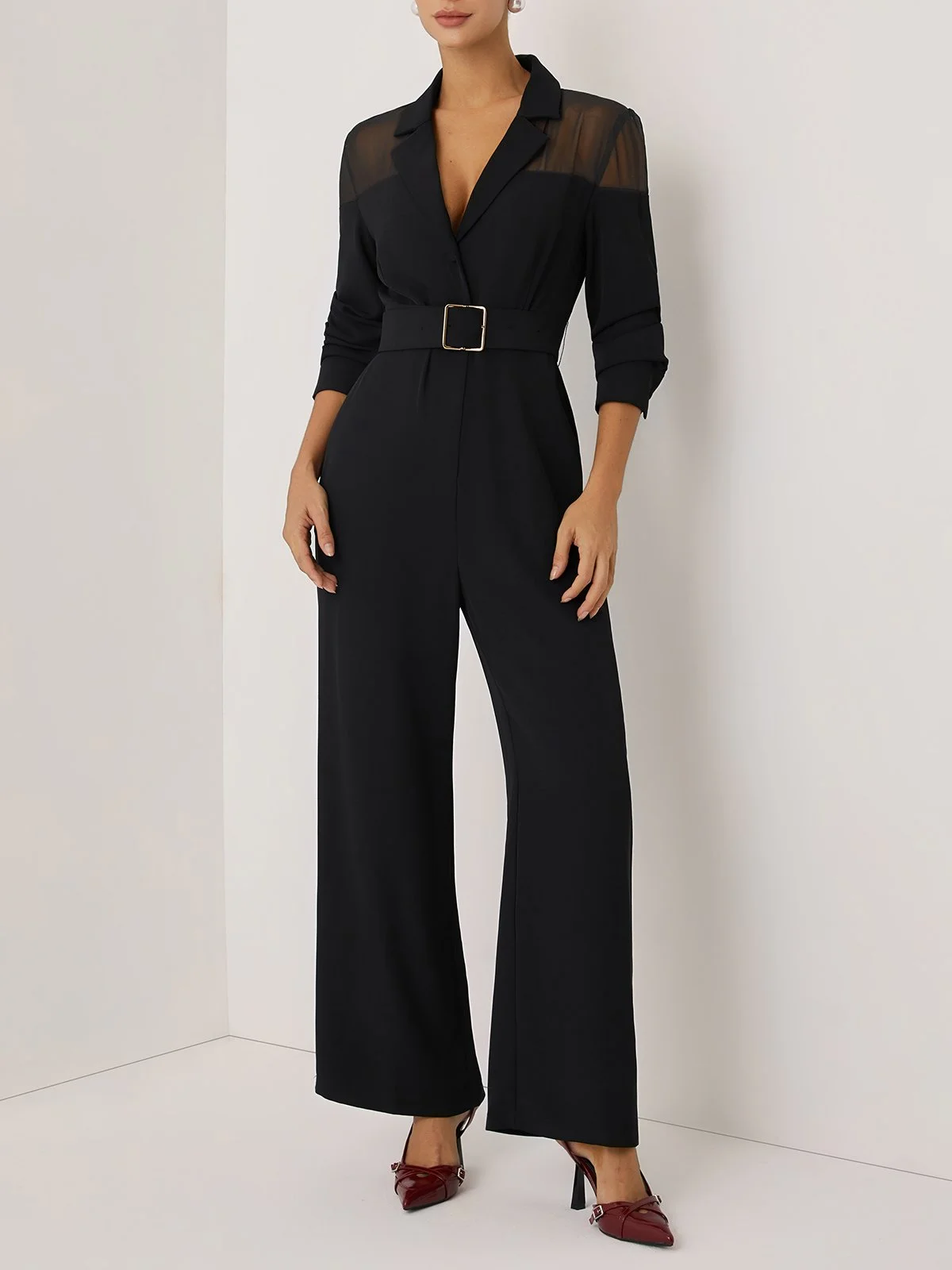 Women Black Mesh Lapel Collar Long Sleeve Dressy Jumpsuit