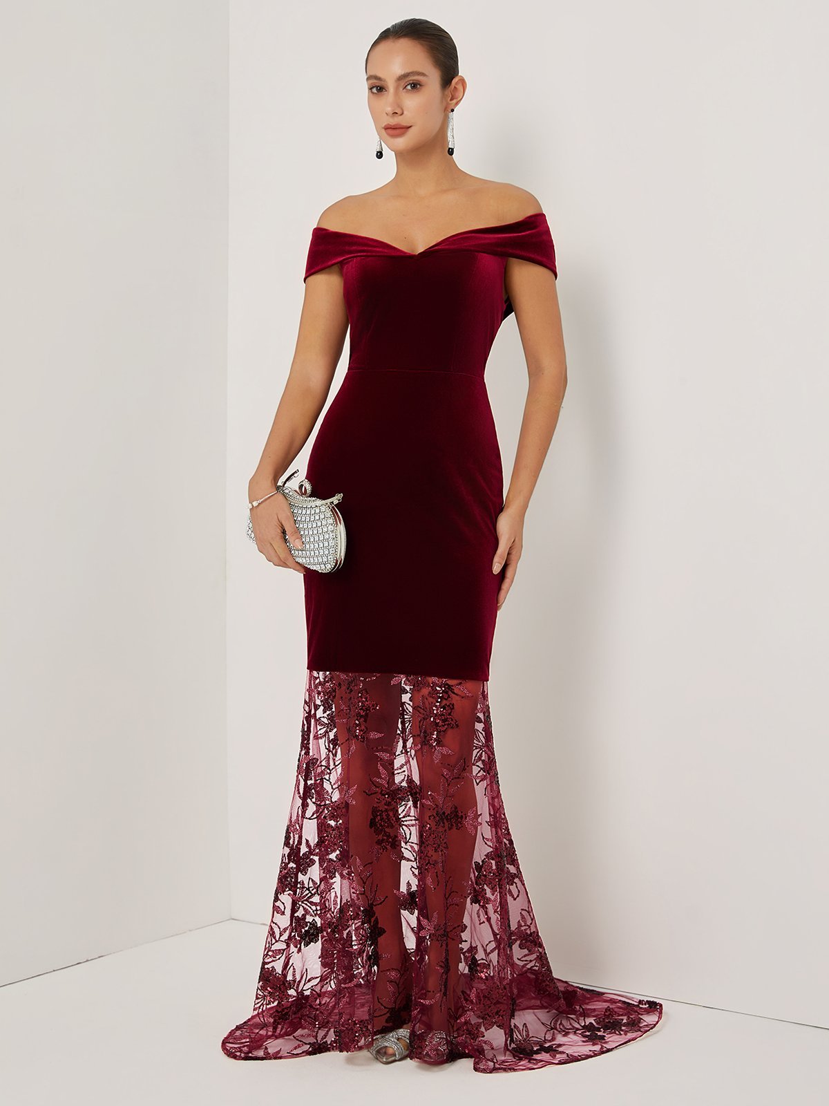 Wine Red Beaded Lace Velvet Off The Shoulder Short Sleeve Mermaid Gown Dress
