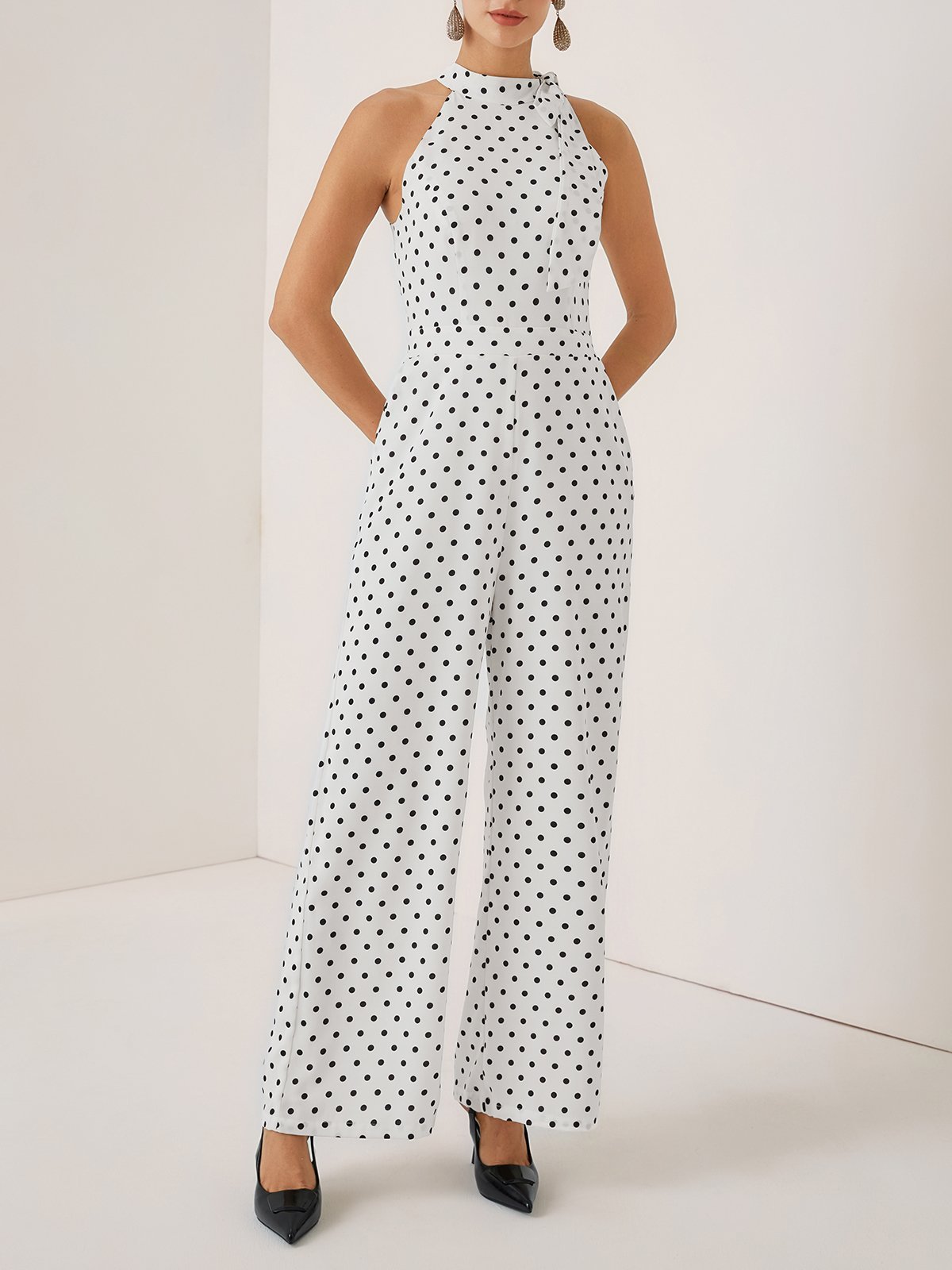 Women White Printing Bow Halter Sleeveless Dressy Jumpsuit