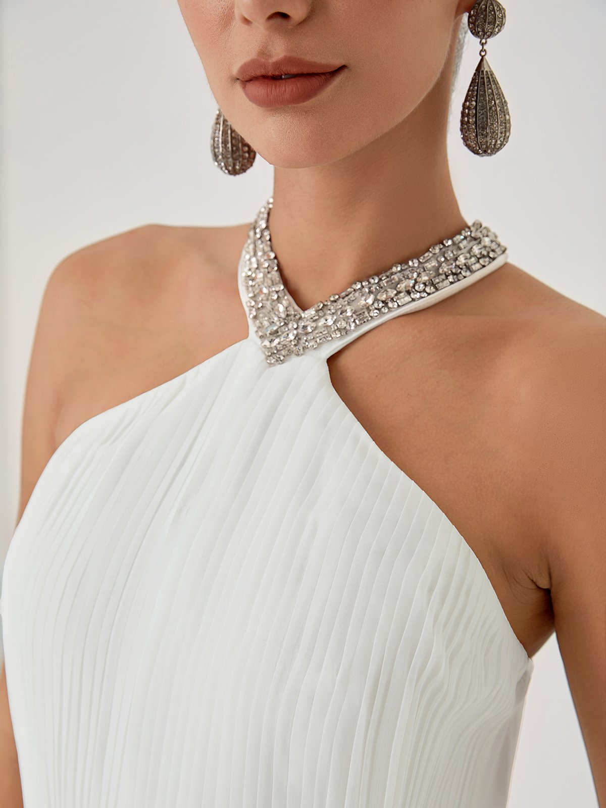 Women White Pleated Rhinestone Halter Sleeveless Dressy Jumpsuit