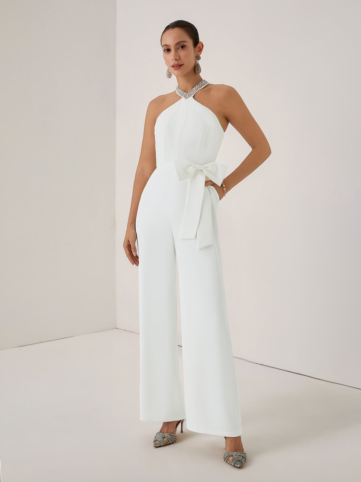 Women White Pleated Rhinestone Halter Sleeveless Dressy Jumpsuit