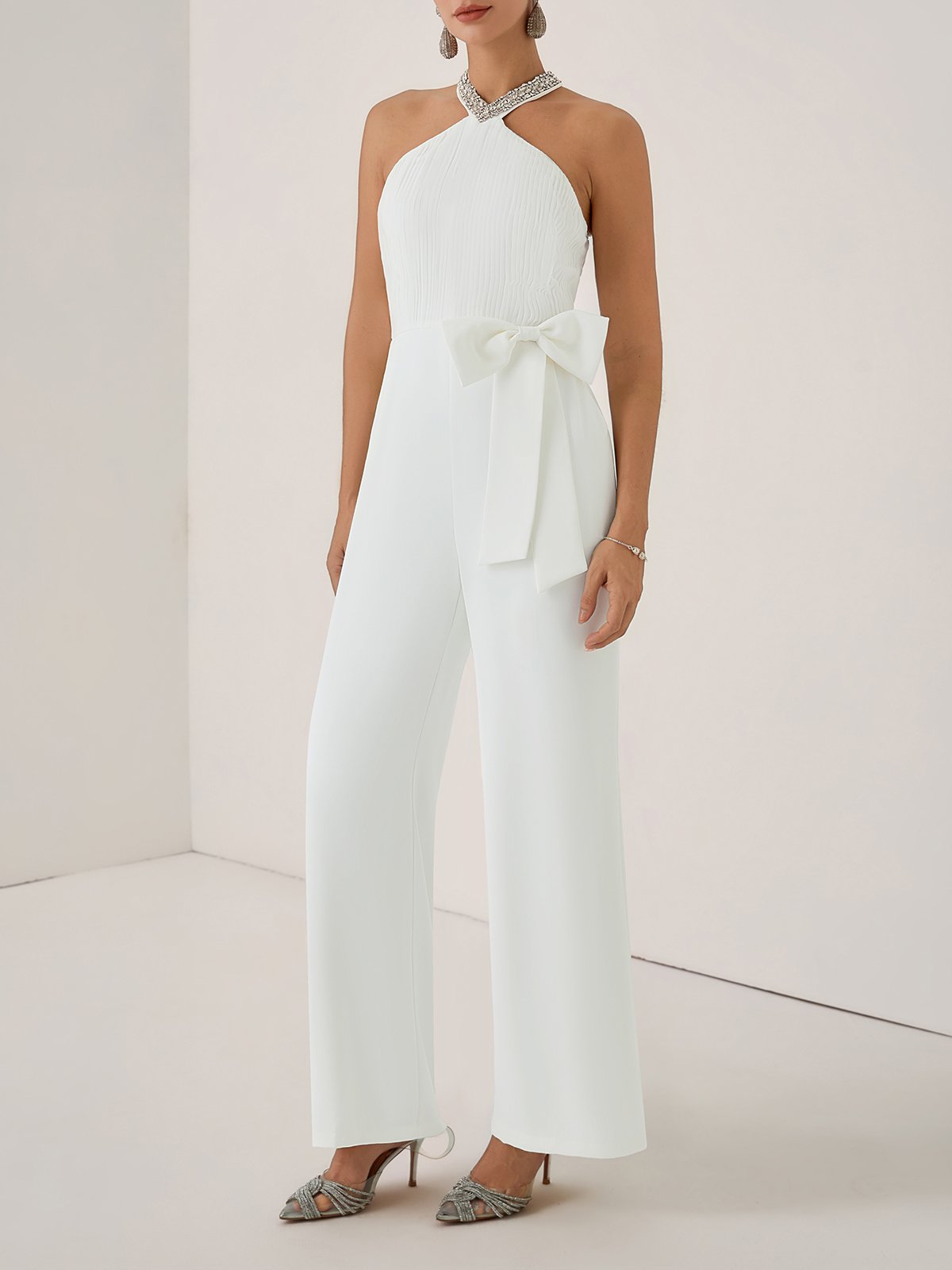 Women White Pleated Rhinestone Halter Sleeveless Dressy Jumpsuit
