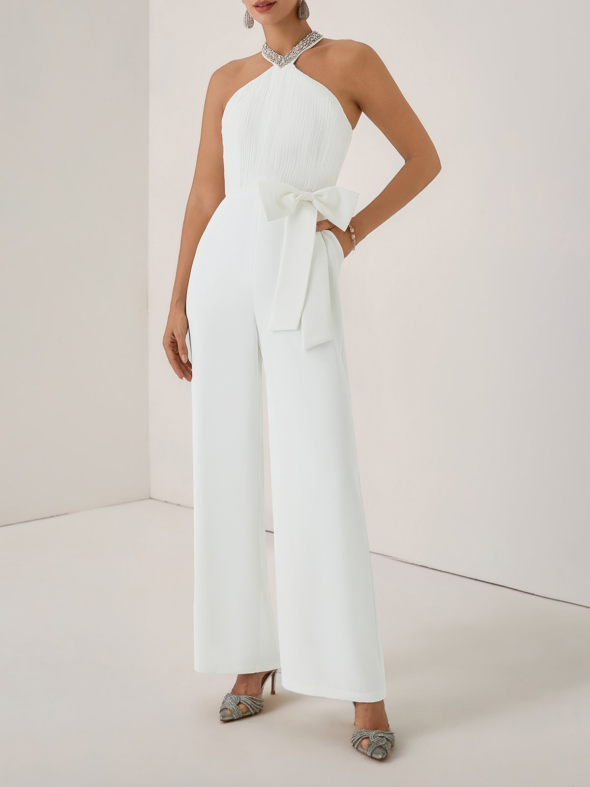 Women White Pleated Rhinestone Halter Sleeveless Dressy Jumpsuit