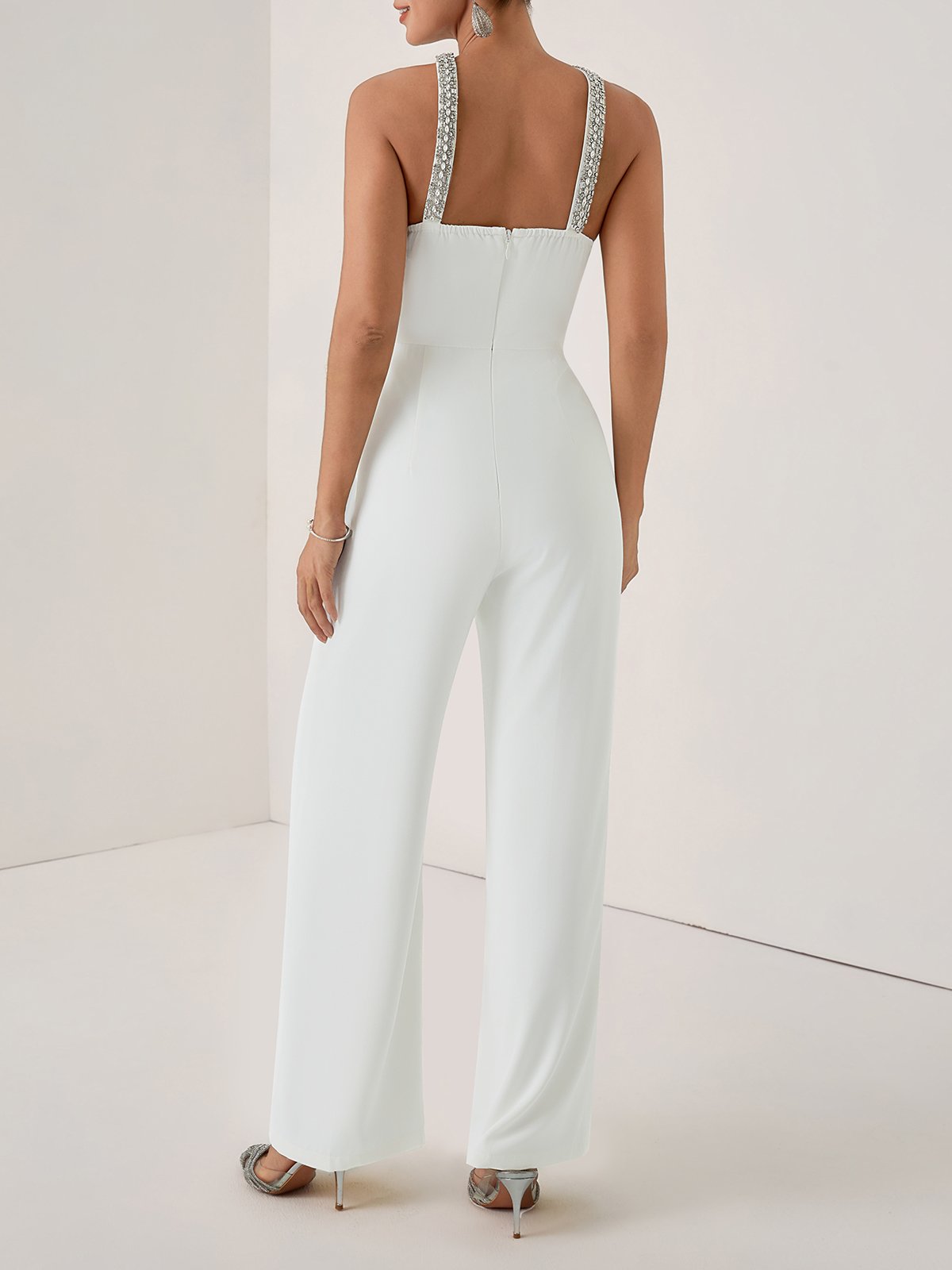 Women White Pleated Rhinestone Halter Sleeveless Dressy Jumpsuit