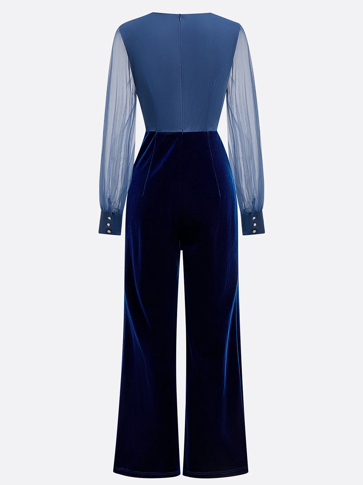 Women  Royal Blue Mesh  V Neck Long Sleeve Velvet Jumpsuit