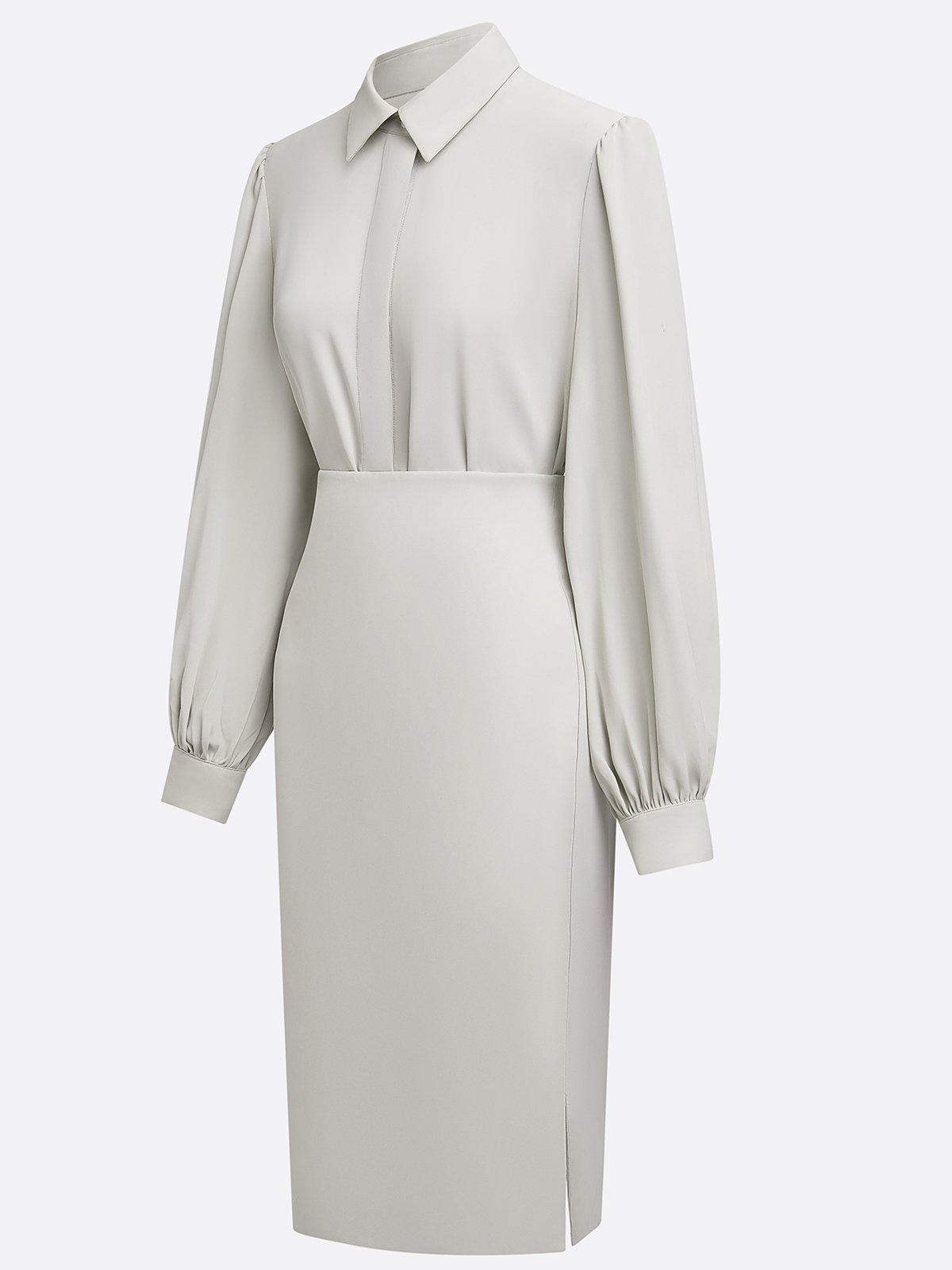 Women Light Gray Ruched Shirt Collar Long Sleeve Dressy Top With Skirt Two-Piece Set