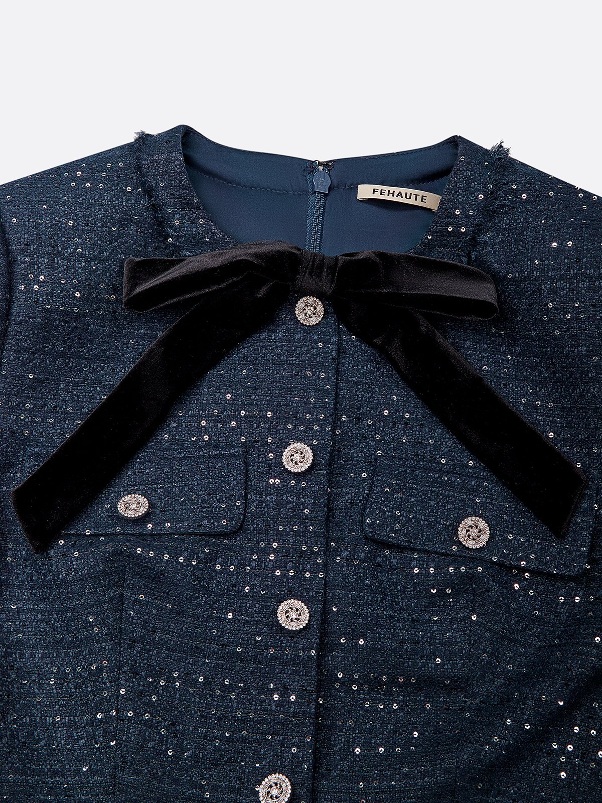 Dark Blue Bow Buckle Tweed Crew Neck Long Sleeve A-Line Midi Dress