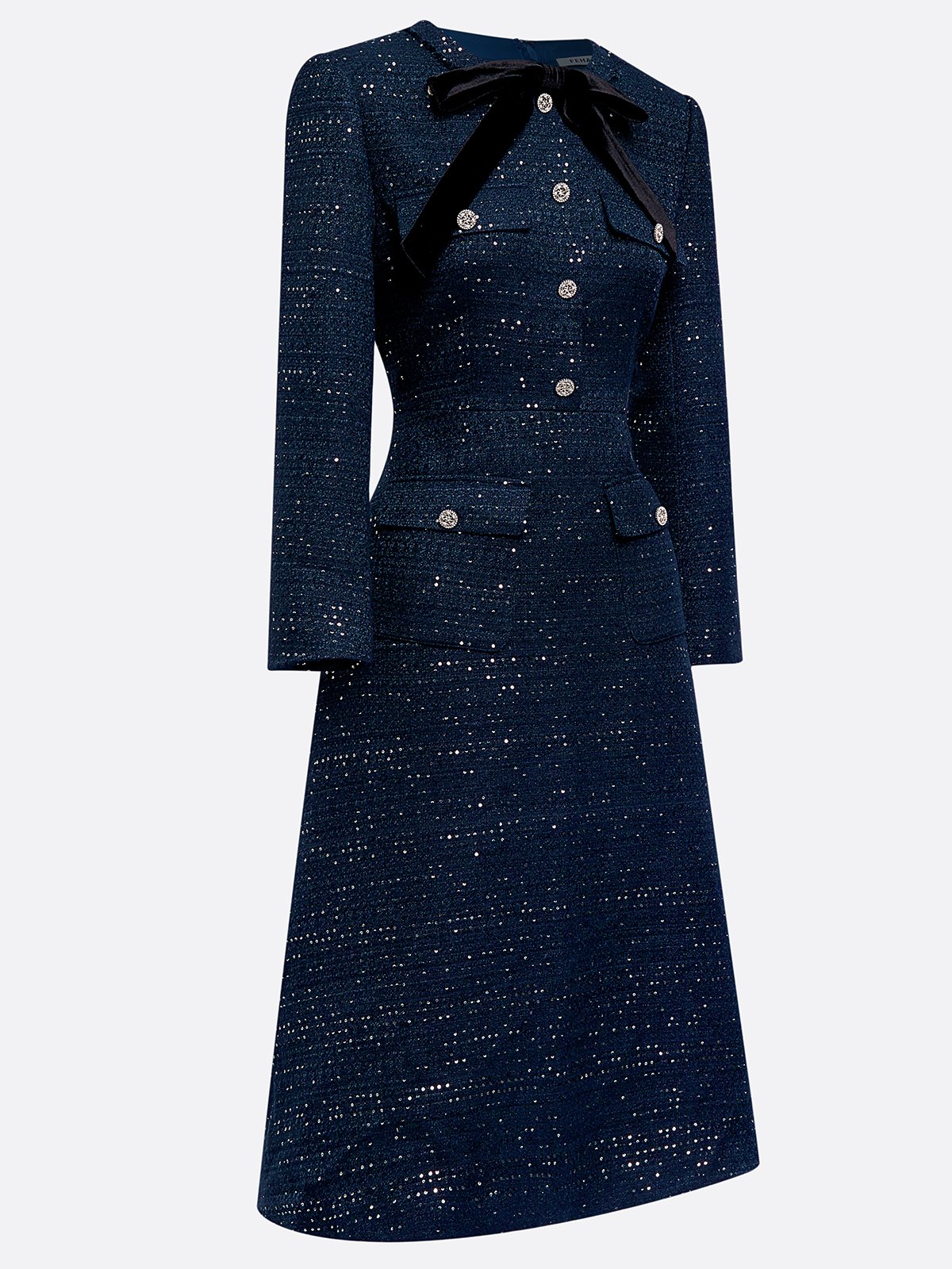 Dark Blue Bow Buckle Tweed Crew Neck Long Sleeve A-Line Midi Dress