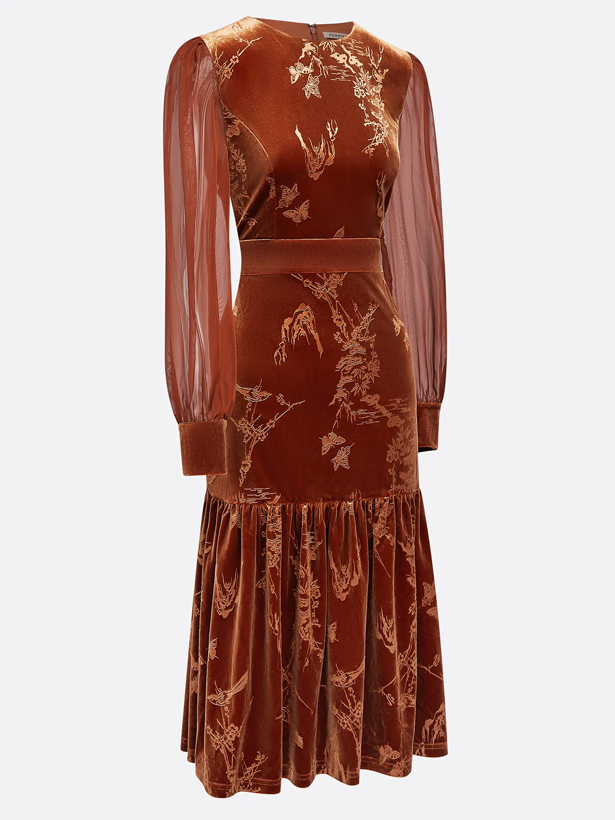 Caramel Brown Mesh Velvet Crew Neck Long Sleeve Balloon Sleeve Mermaid Midi Dress