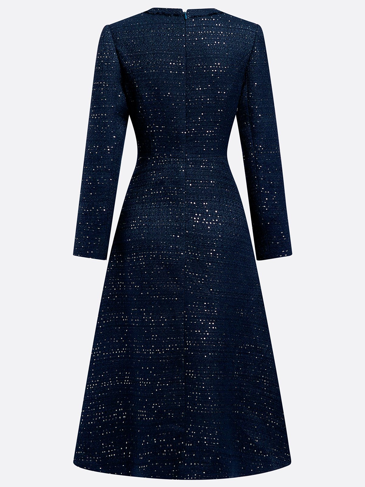 Dark Blue Bow Buckle Tweed Crew Neck Long Sleeve A-Line Midi Dress