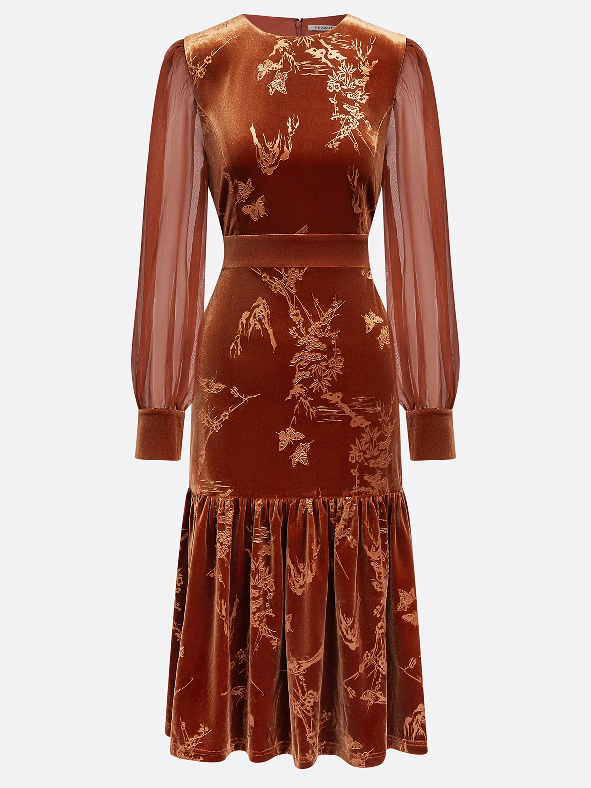 Caramel Brown Mesh Velvet Crew Neck Long Sleeve Balloon Sleeve Mermaid Midi Dress