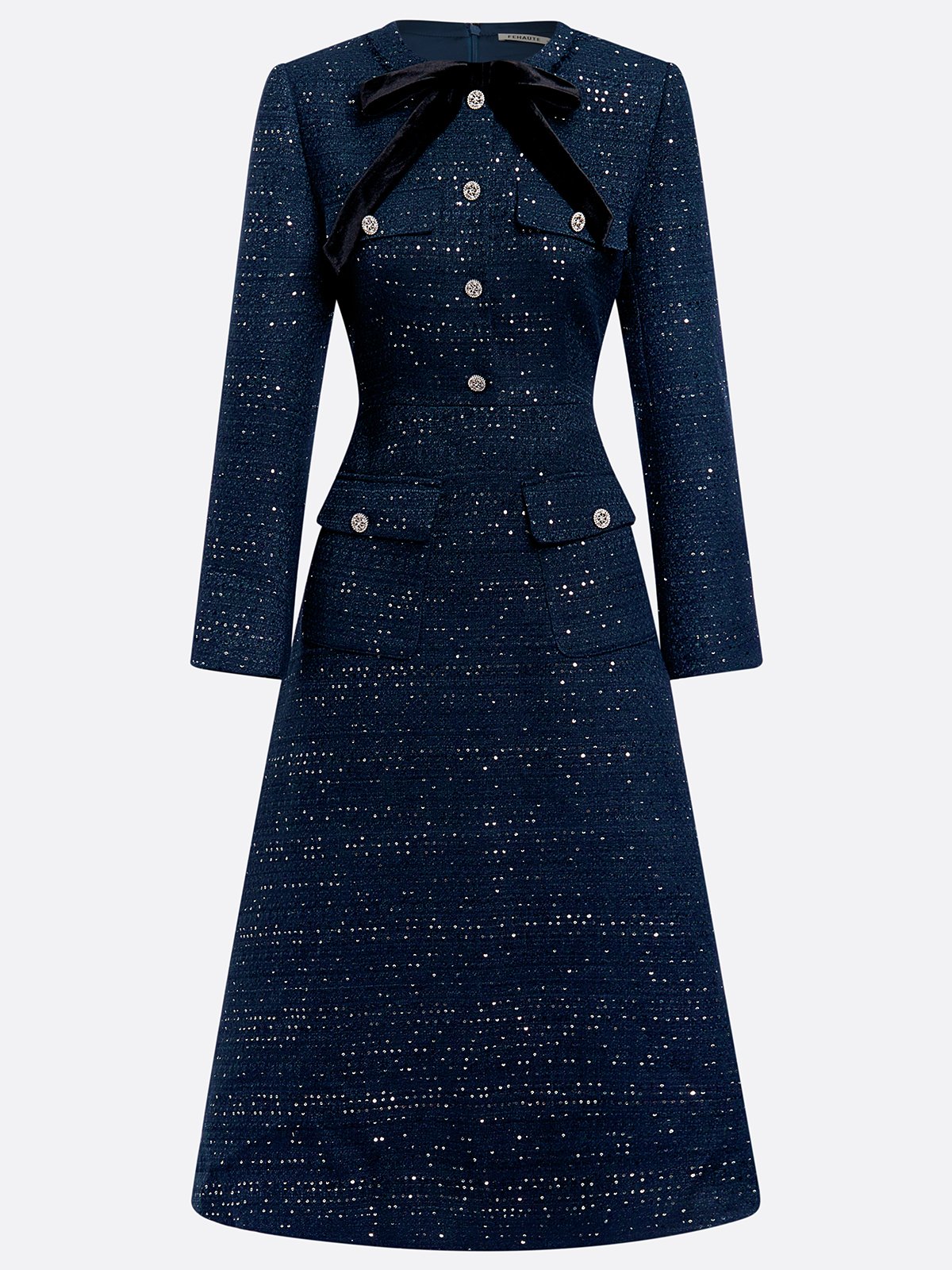 Dark Blue Bow Buckle Tweed Crew Neck Long Sleeve A-Line Midi Dress