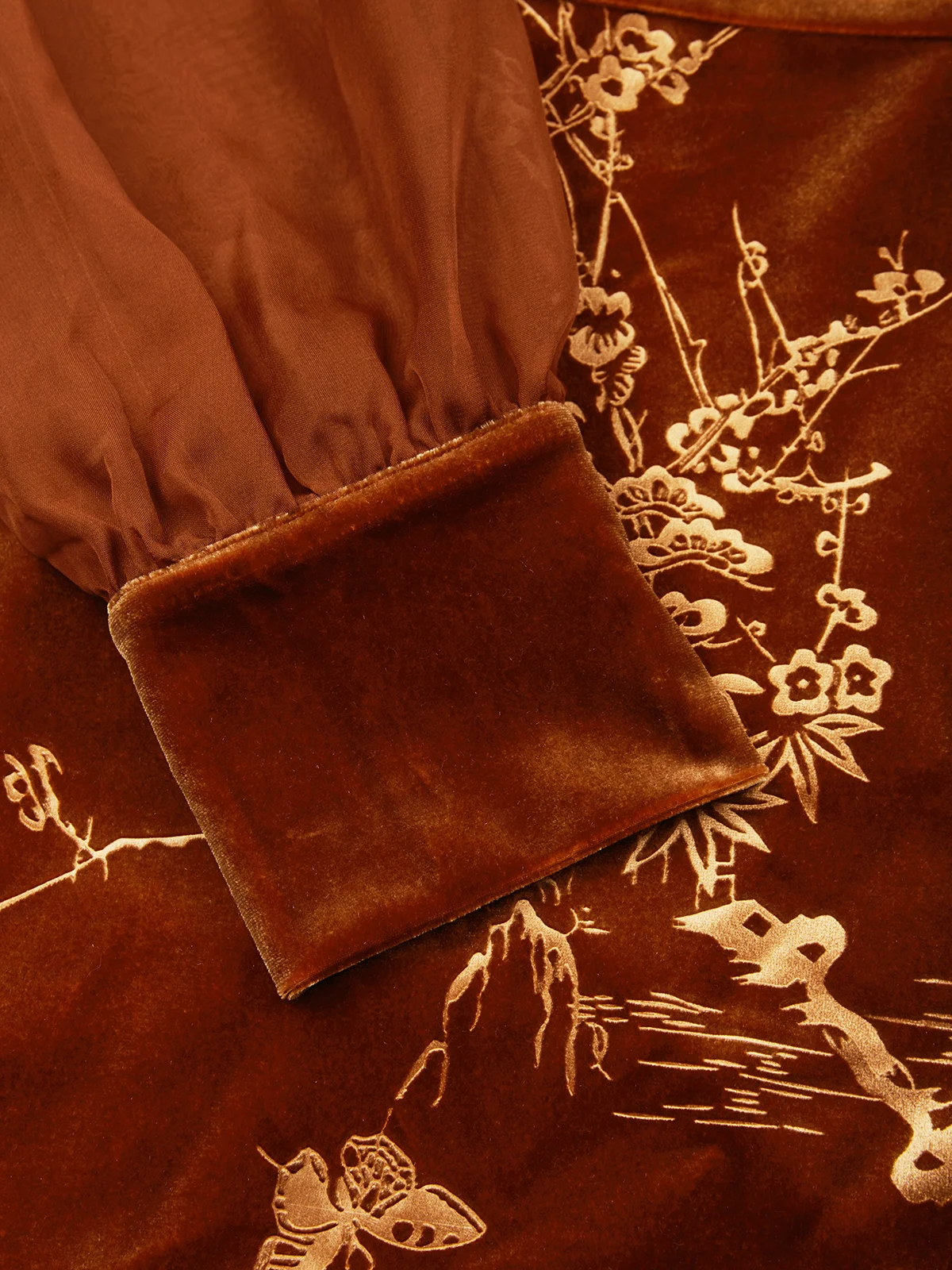 Caramel Brown Mesh Velvet Crew Neck Long Sleeve Balloon Sleeve Mermaid Midi Dress