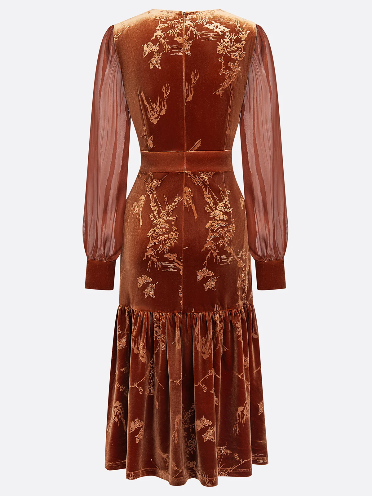 Caramel Brown Mesh Velvet Crew Neck Long Sleeve Balloon Sleeve Mermaid Midi Dress