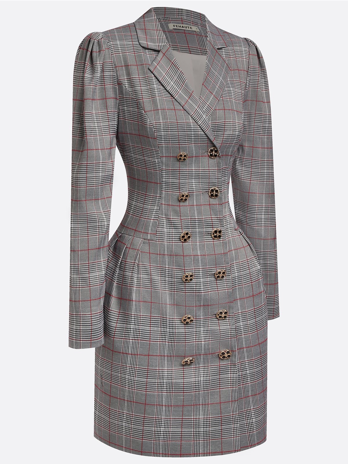 Gray Buckle Shoulder Pad Blazer Lapel Collar Long Sleeve A-Line Mini Dress