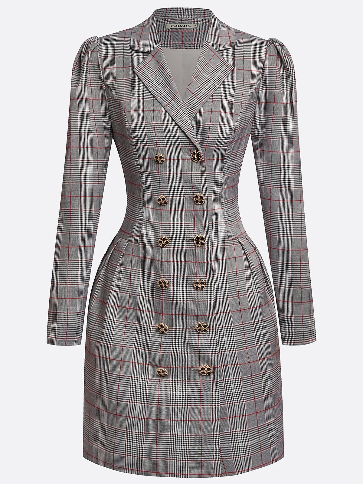 Gray Buckle Shoulder Pad Blazer Lapel Collar Long Sleeve A-Line Mini Dress