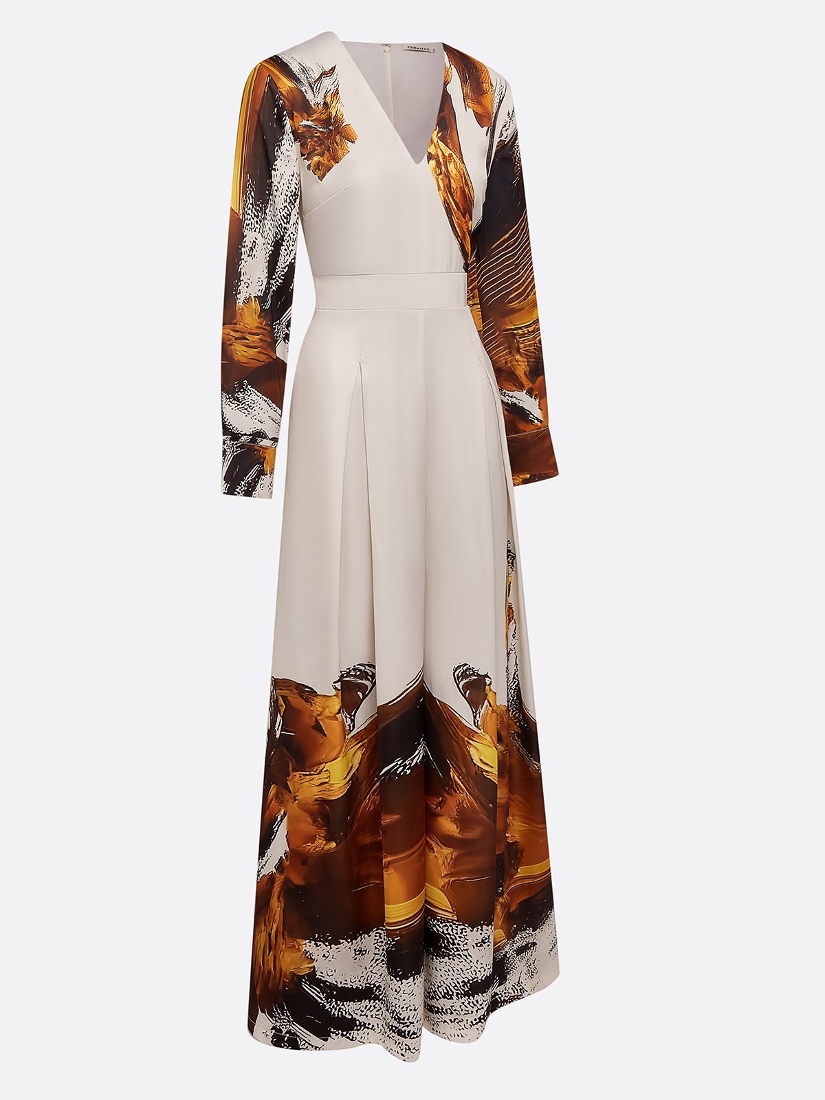 Women Light Khaki Floral V Neck Long Sleeve Wide-Leg Jumpsuit