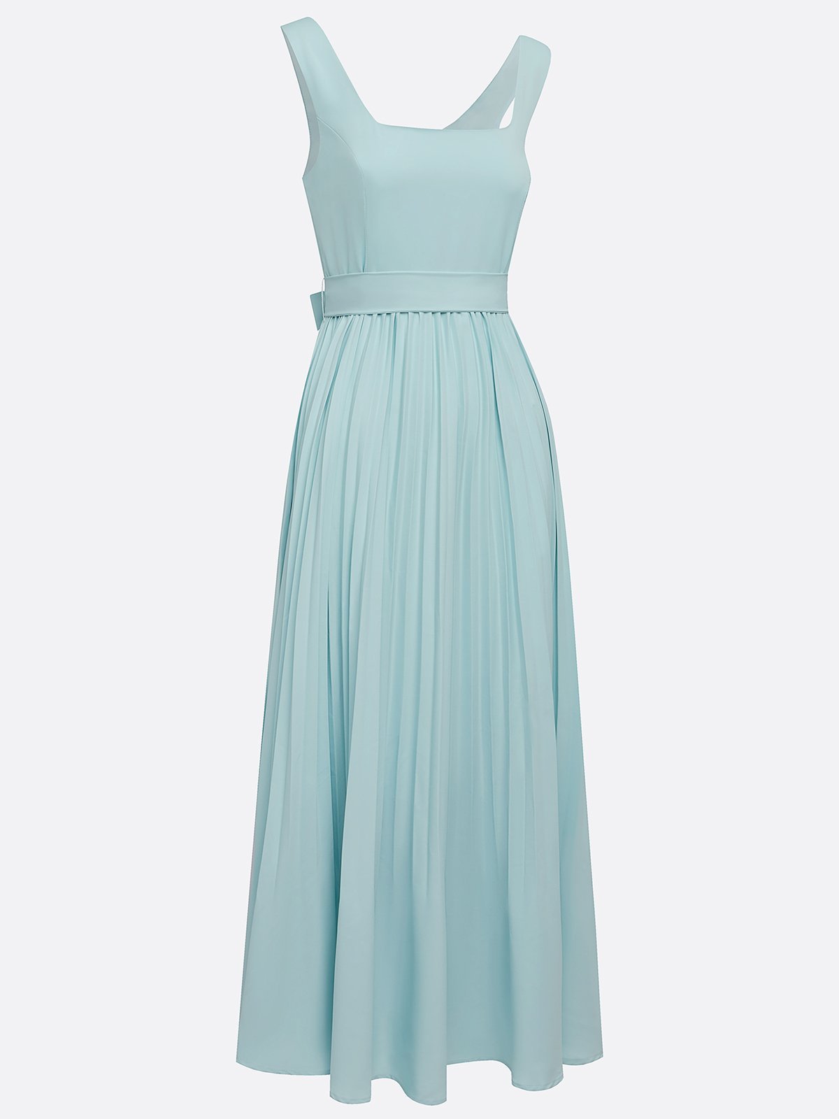 Light Blue Pleated Square Neck Sleeveless A-Line Maxi Dress