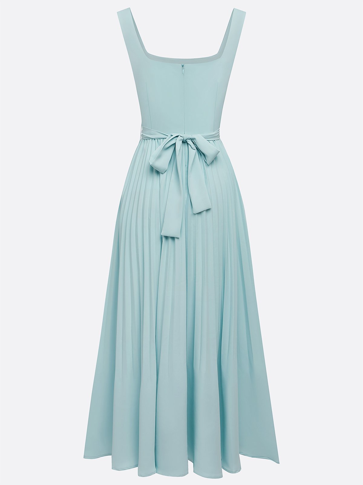 Light Blue Pleated Square Neck Sleeveless A-Line Maxi Dress