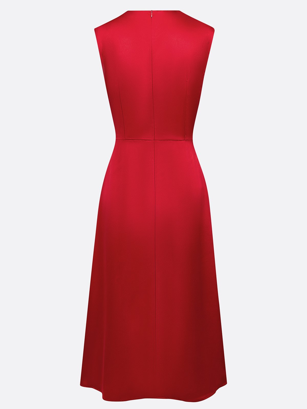 Red High Neck Satin Sleeveless A-Line Midi Dress
