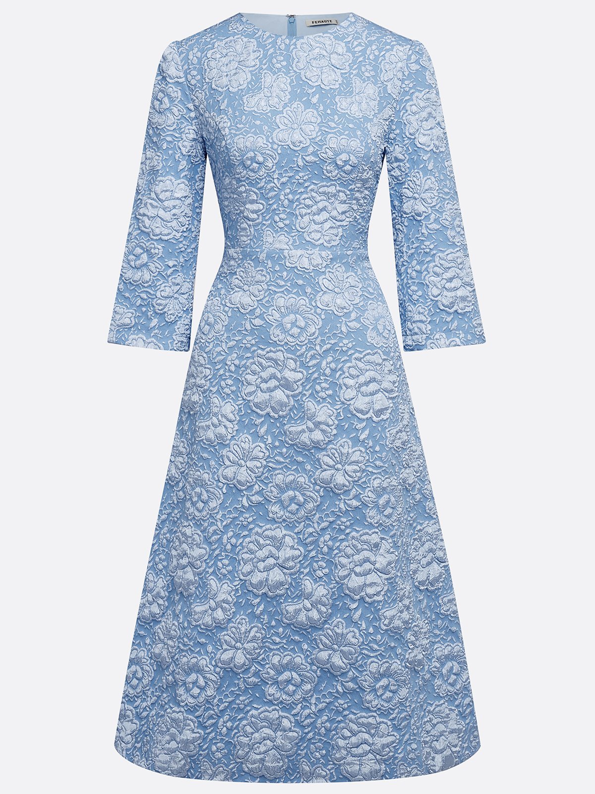Blue Floral Jacquard Classic Crew Neck Three Quarter Sleeve A-Line Midi Dress