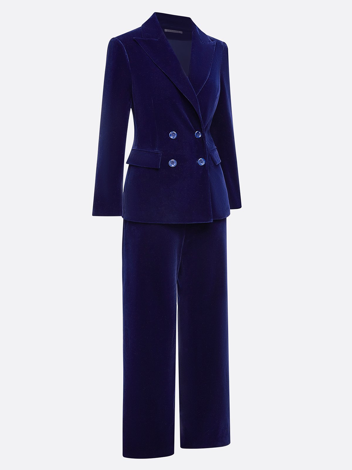 Women Navy Blue Velvet Piping Lapel Collar Long Sleeve Dressy Coat With Pants Two-Piece Set