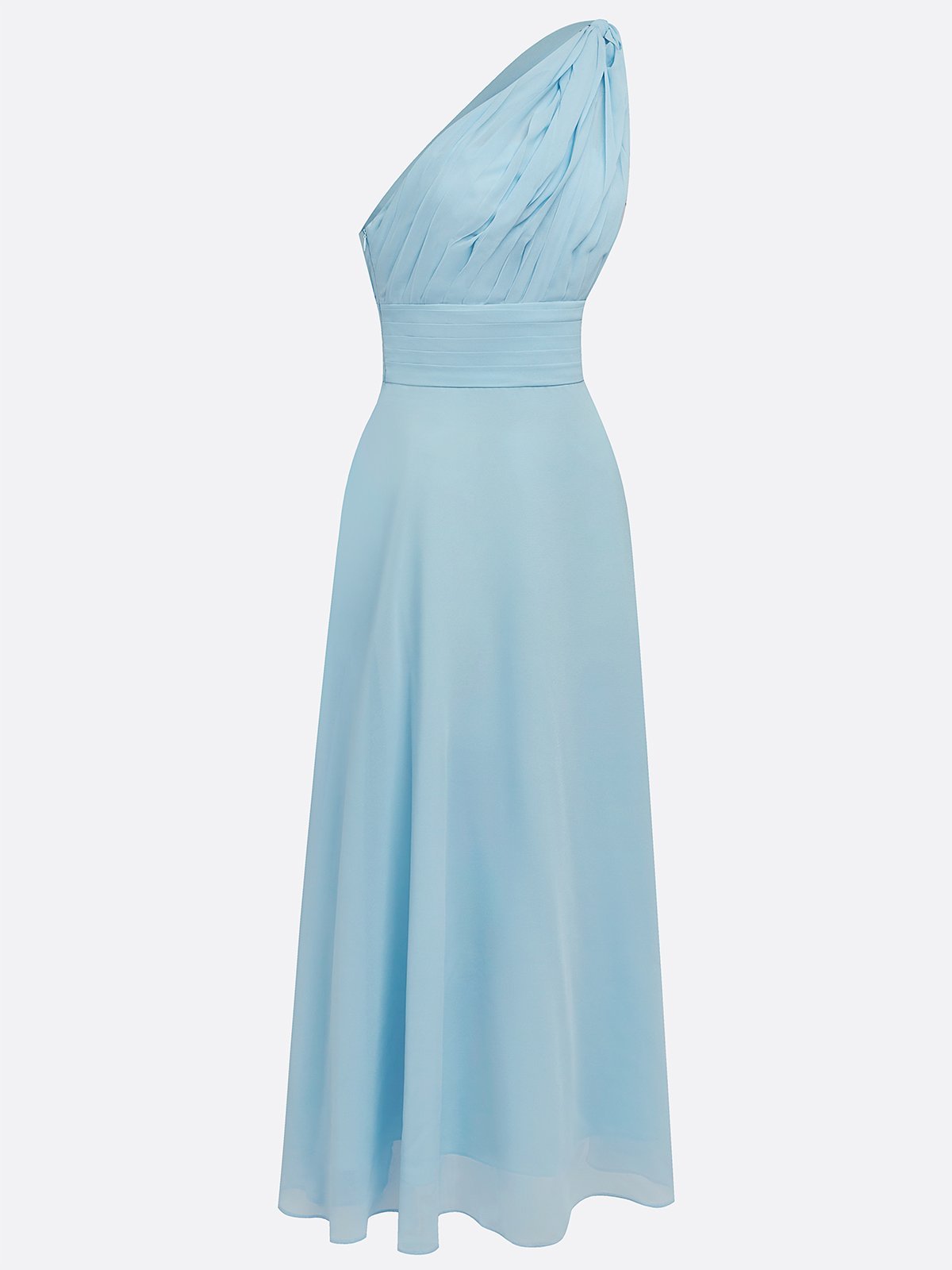 Light Blue Ruched Chiffon One Shoulder Sleeveless A-Line Maxi Dress