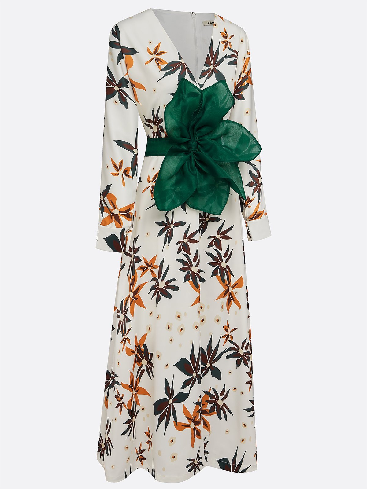 White Floral V Neck Long Sleeve A-Line Maxi Dress