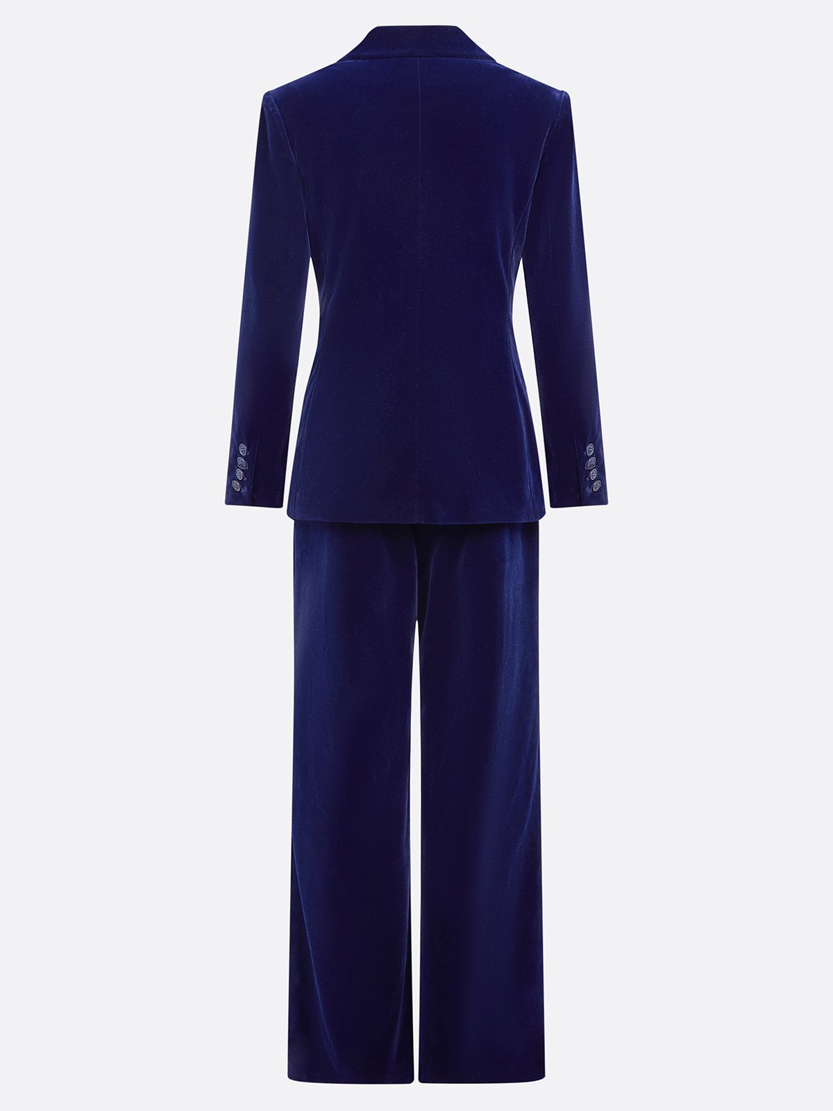 Women Navy Blue Velvet Piping Lapel Collar Long Sleeve Dressy Coat With Pants Two-Piece Set