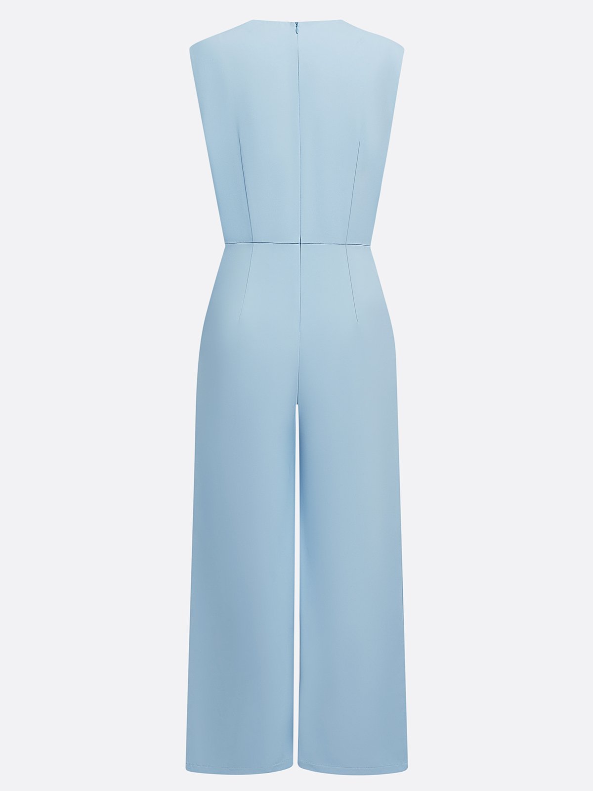 Women Light Blue Hollow Out Crew Neck Cap Sleeve Dressy Jumpsuit