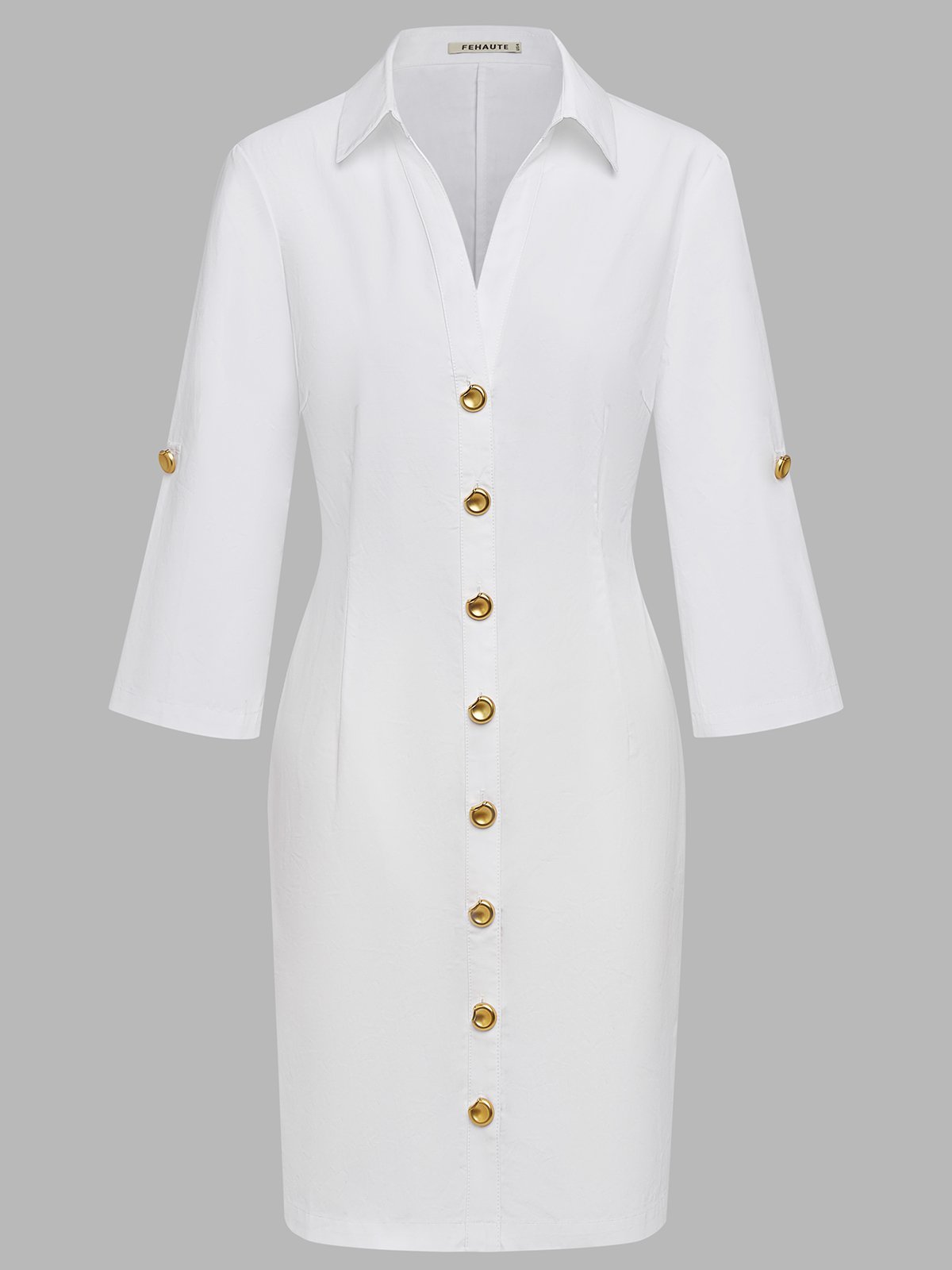 White Buckle Cotton Shirt Collar Short Sleeve Sheath Midi  Dress