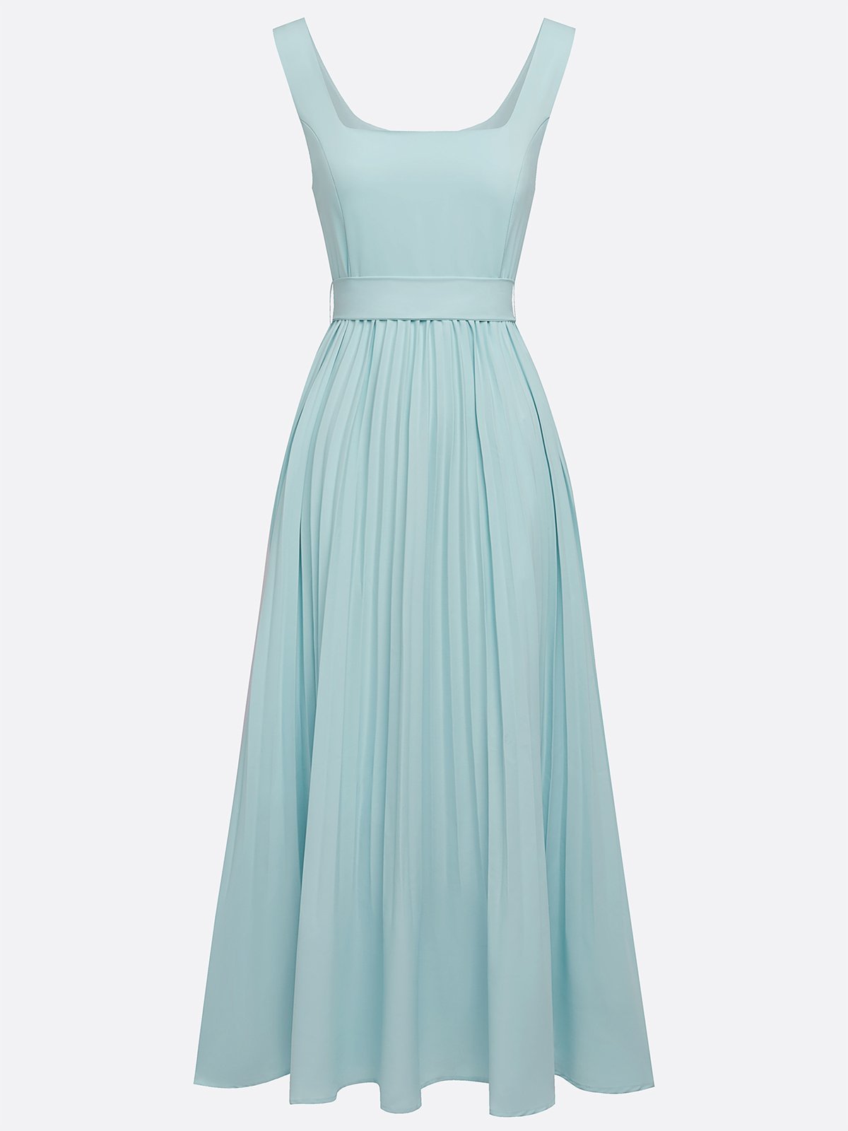Light Blue Pleated Square Neck Sleeveless A-Line Maxi Dress