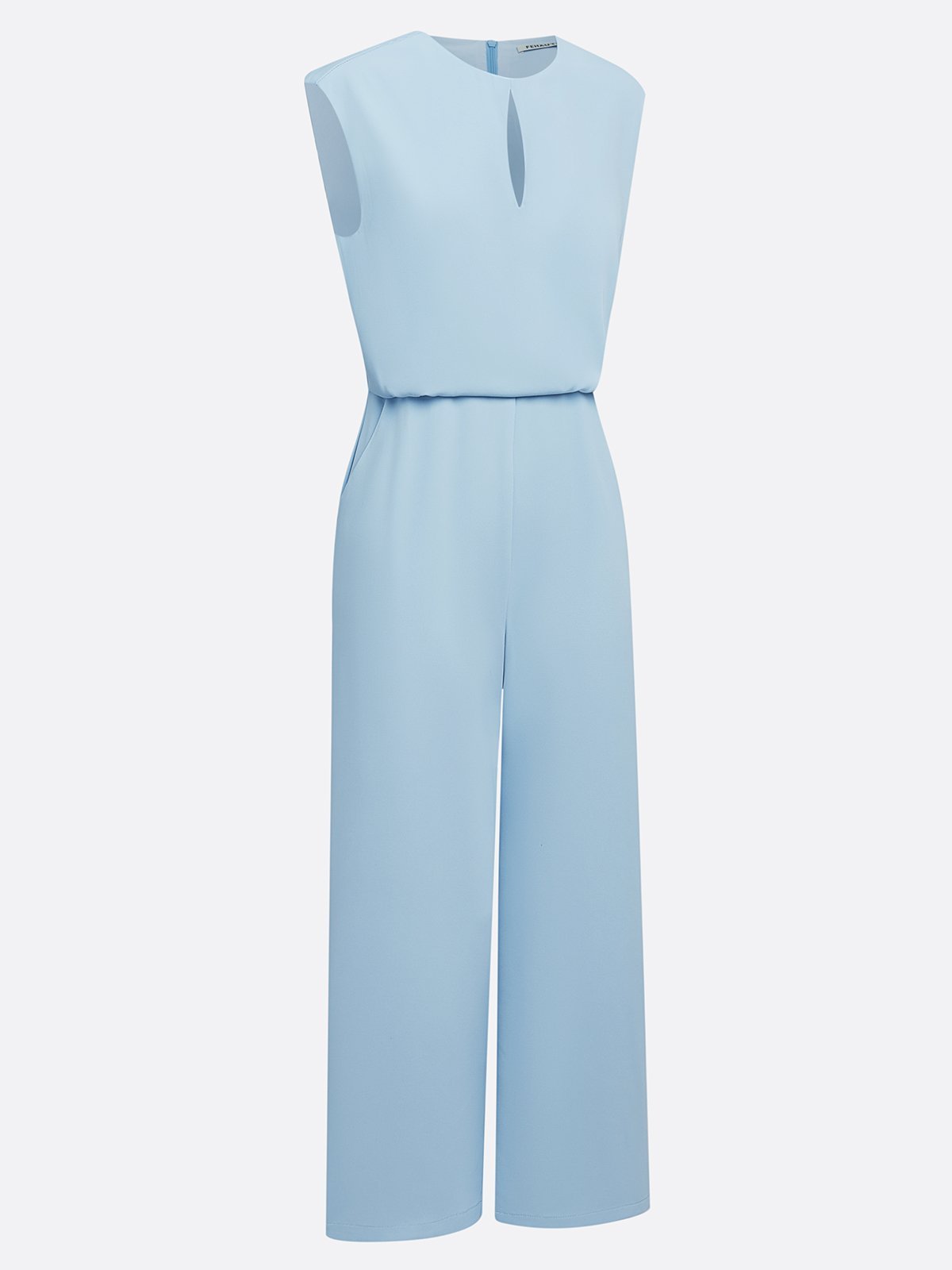 Women Light Blue Hollow Out Crew Neck Cap Sleeve Dressy Jumpsuit