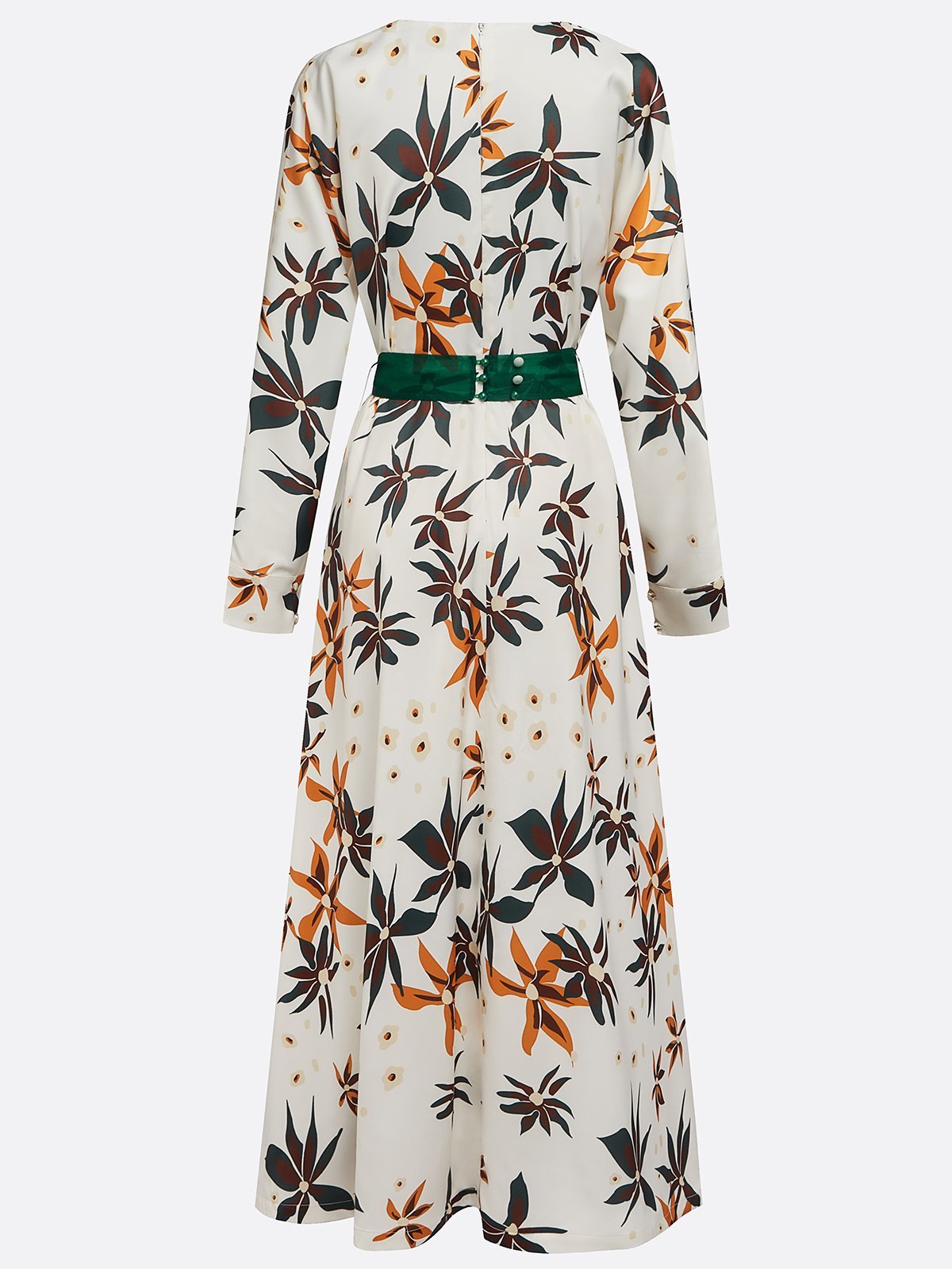 White Floral V Neck Long Sleeve A-Line Maxi Dress