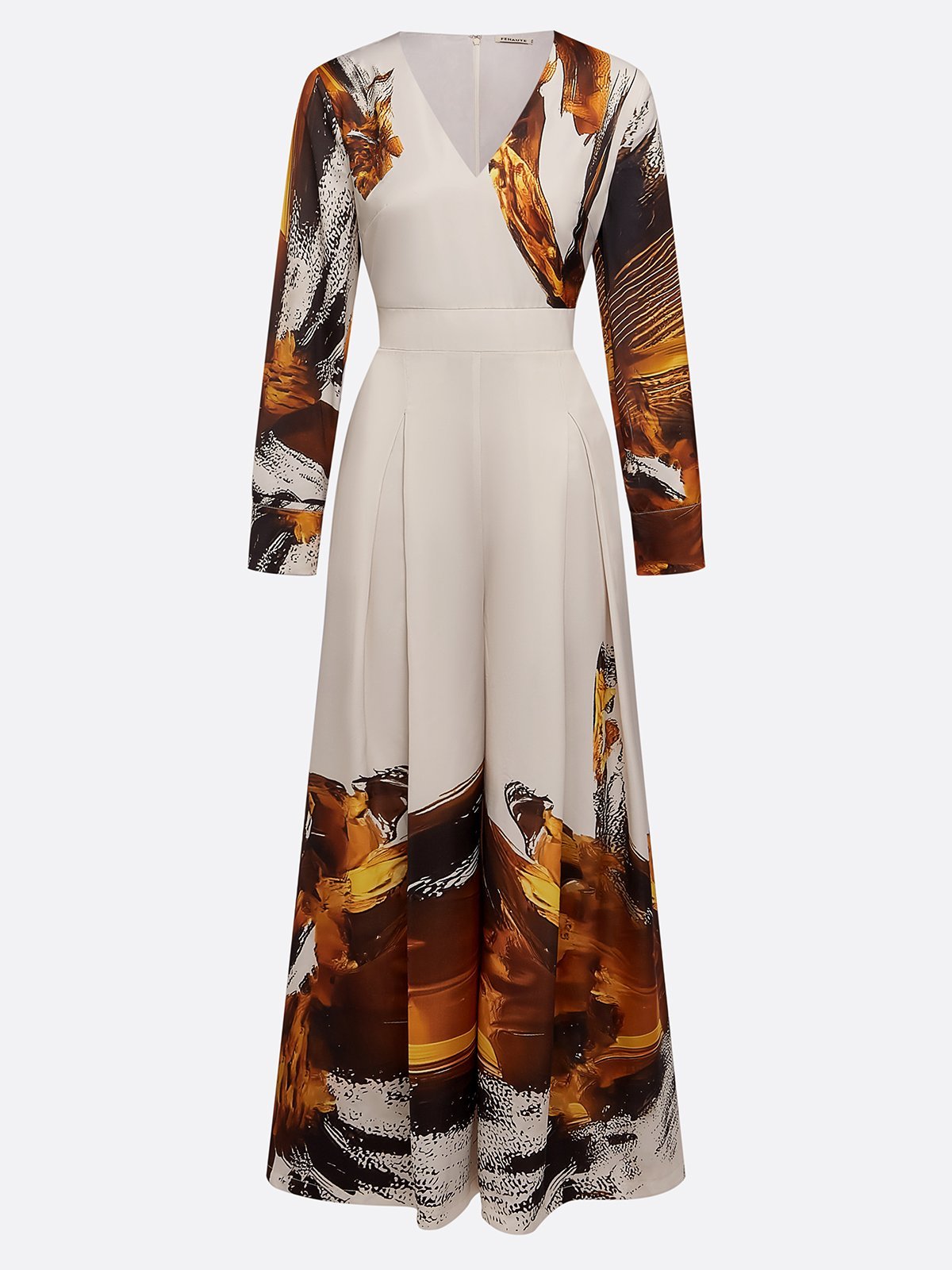 Women Light Khaki Floral V Neck Long Sleeve Wide-Leg Jumpsuit