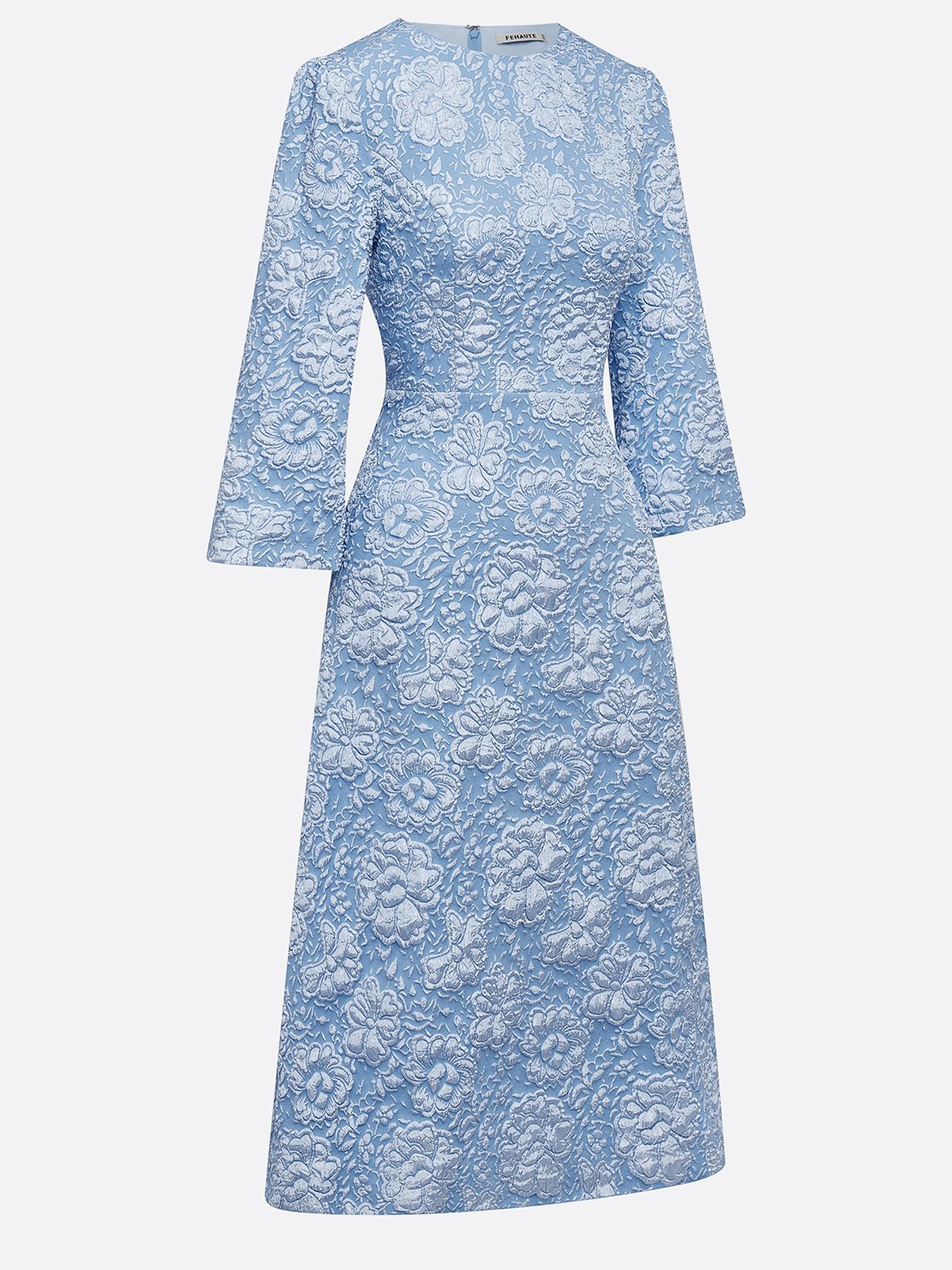 Blue Floral Jacquard Classic Crew Neck Three Quarter Sleeve A-Line Midi Dress