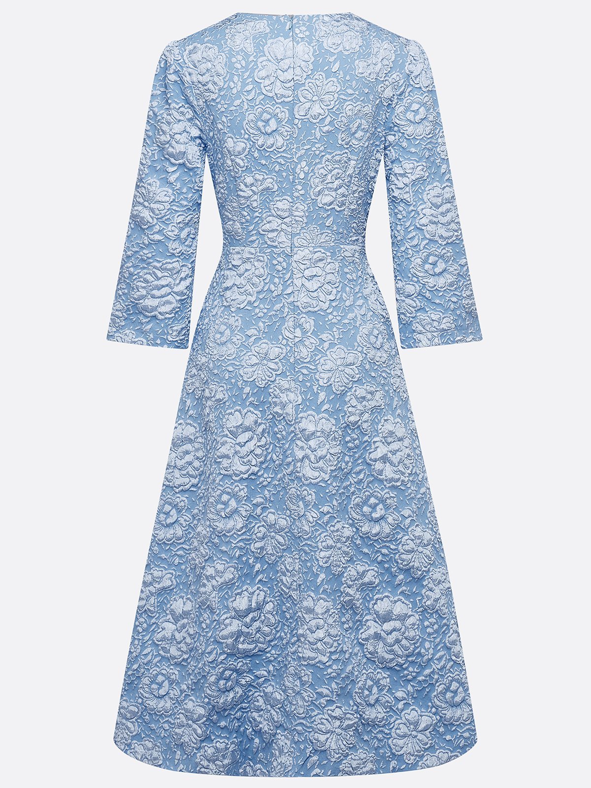 Blue Floral Jacquard Classic Crew Neck Three Quarter Sleeve A-Line Midi Dress