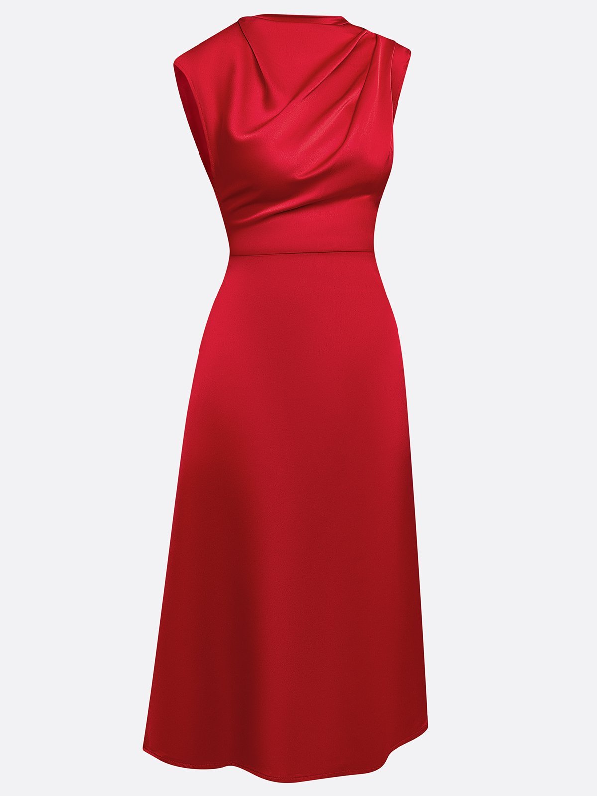 Red Satin Mock Neck Sleeveless A-Line Midi Dress