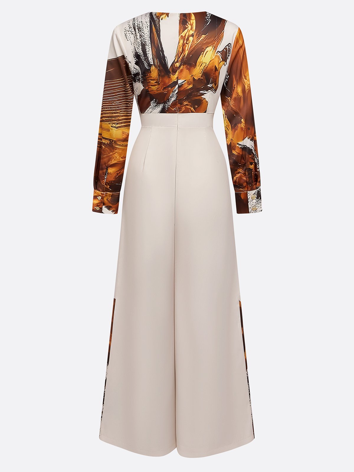 Women Light Khaki Floral V Neck Long Sleeve Wide-Leg Jumpsuit