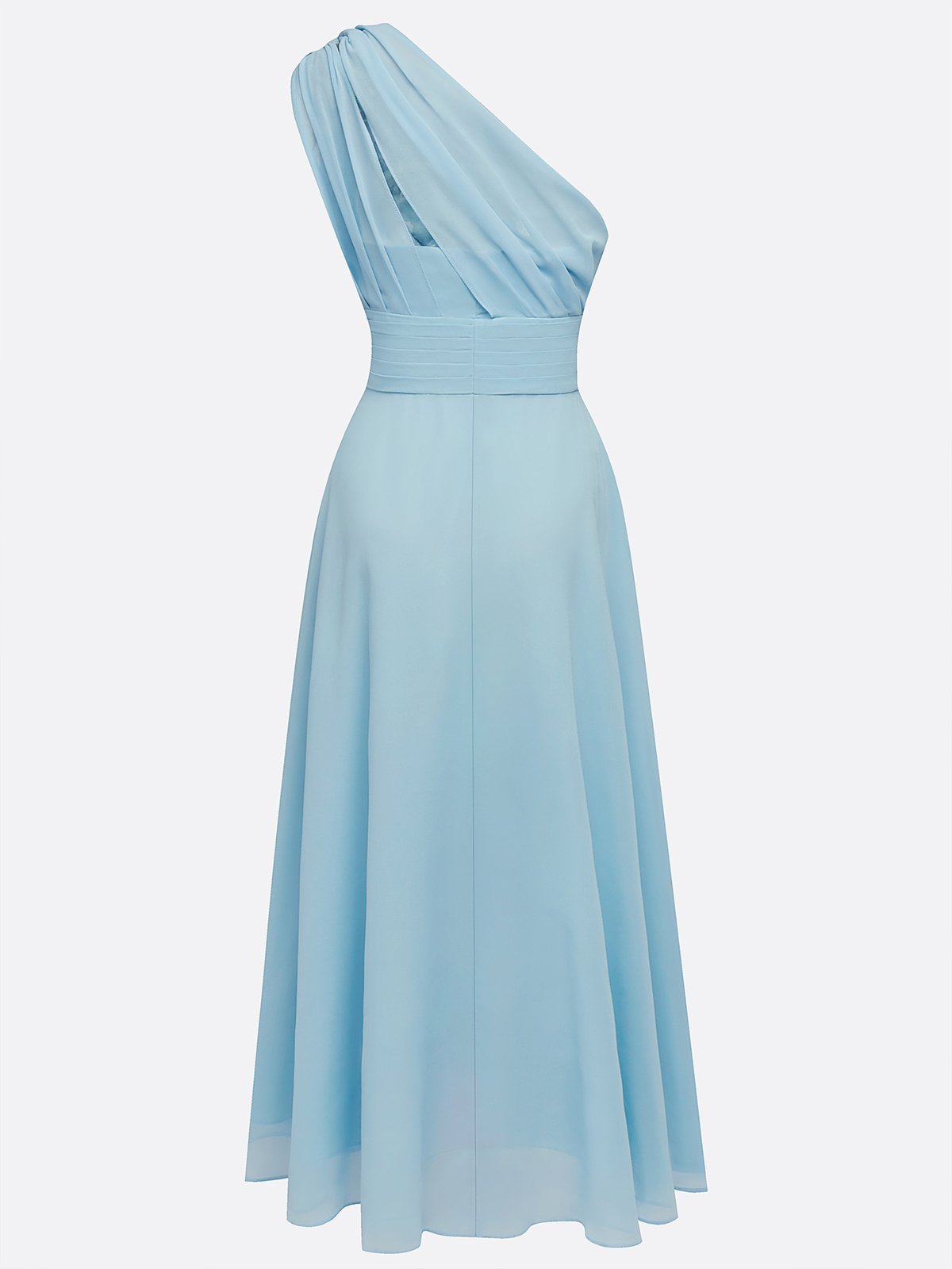 Light Blue Ruched Chiffon One Shoulder Sleeveless A-Line Maxi Dress