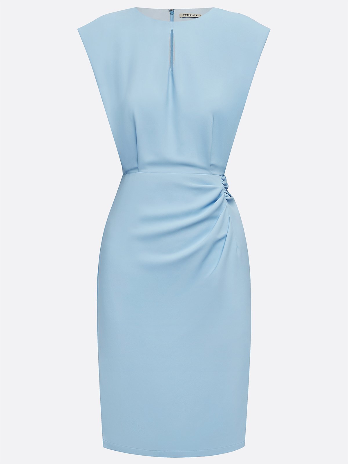Light Blue Ruched Cut Out Classic Crew Neck Cap Sleeve Sheath Midi Dress