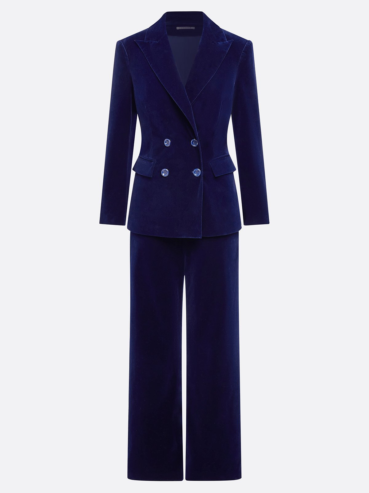 Women Navy Blue Velvet Piping Lapel Collar Long Sleeve Dressy Coat With Pants Two-Piece Set