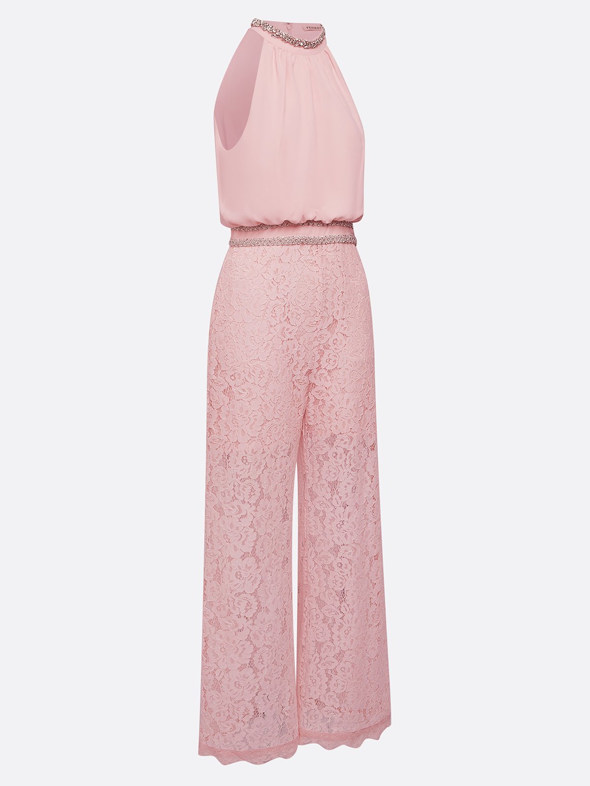 Women Pink Lace Rhinestone Mock Neck Sleeveless Dressy Jumpsuit