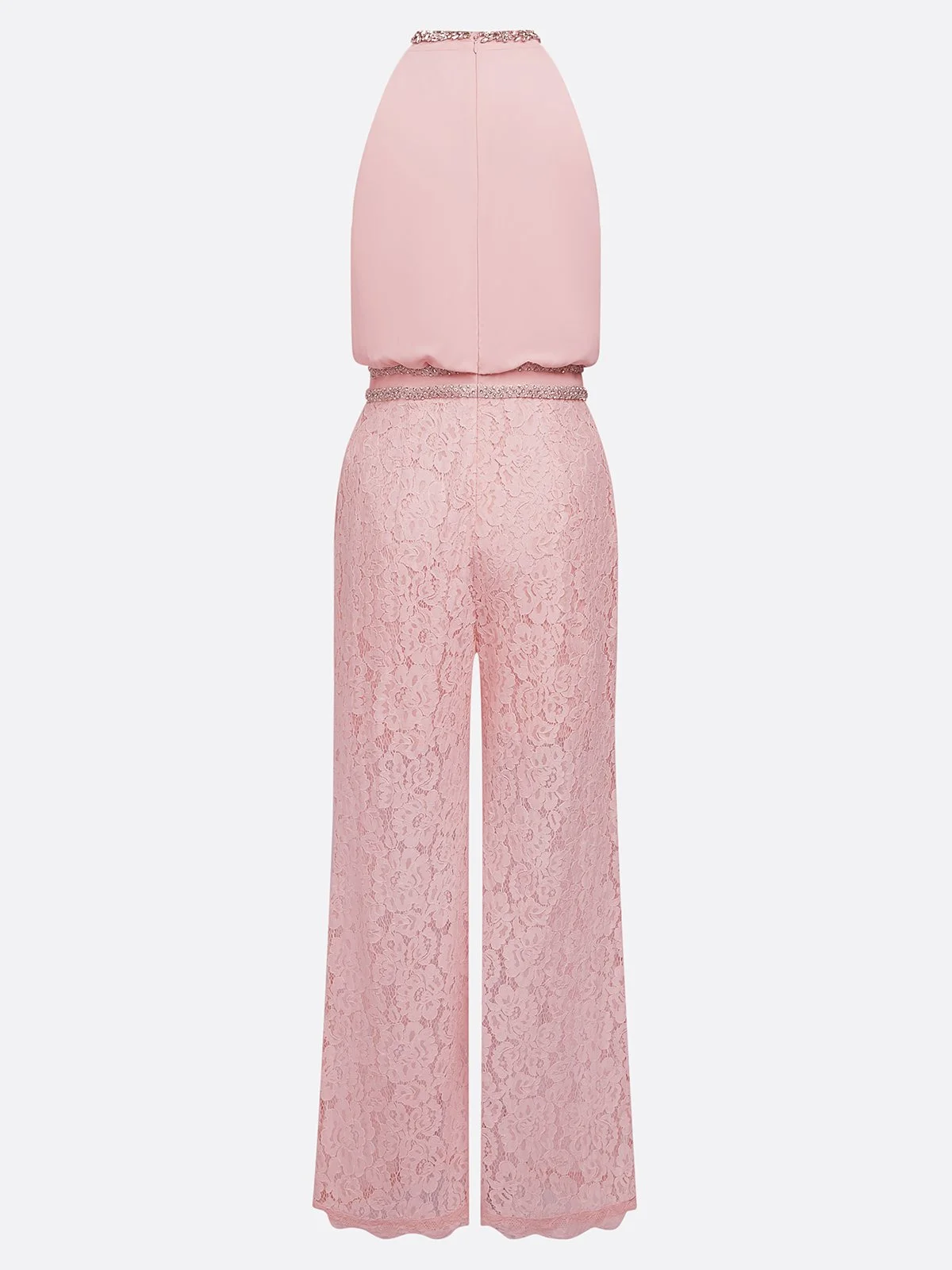 Women Pink Lace Rhinestone Mock Neck Sleeveless Dressy Jumpsuit