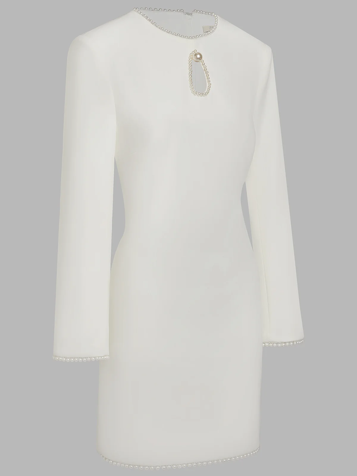 White Imitation Pearls Cut Out Classic Crew Neck Long Sleeve Shift Mini Dress