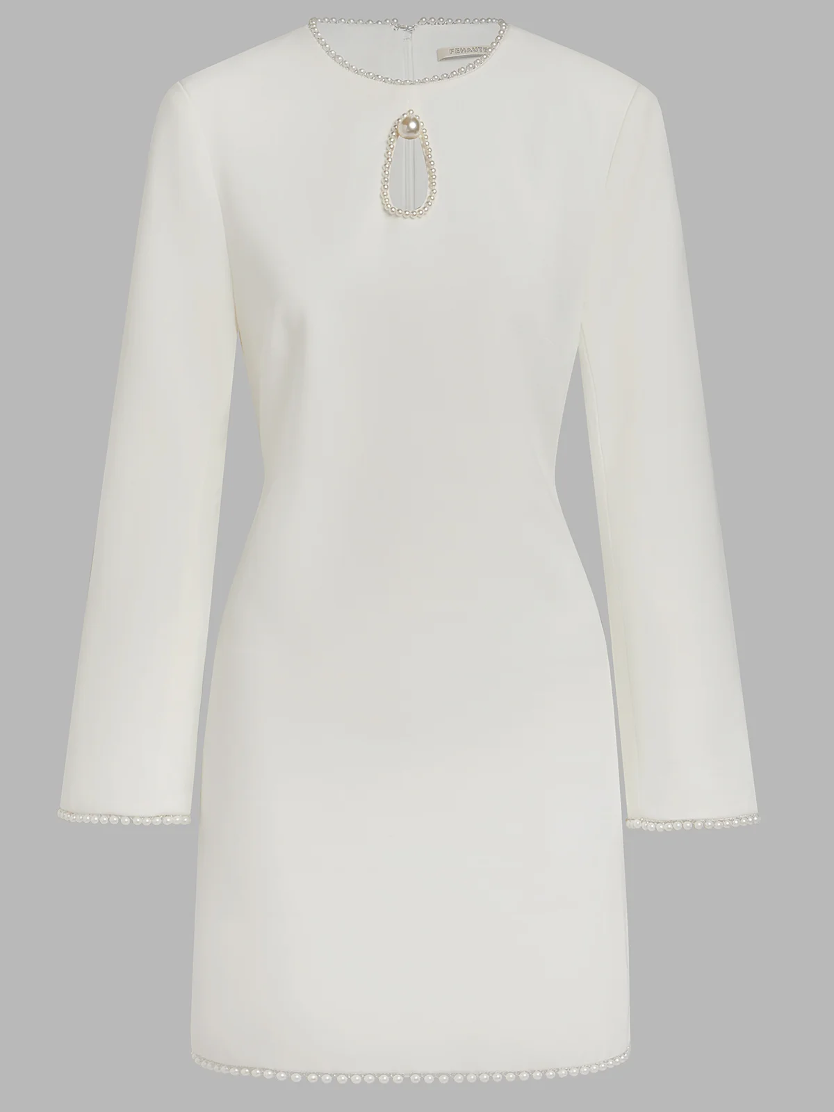 White Imitation Pearls Cut Out Classic Crew Neck Long Sleeve Shift Mini Dress