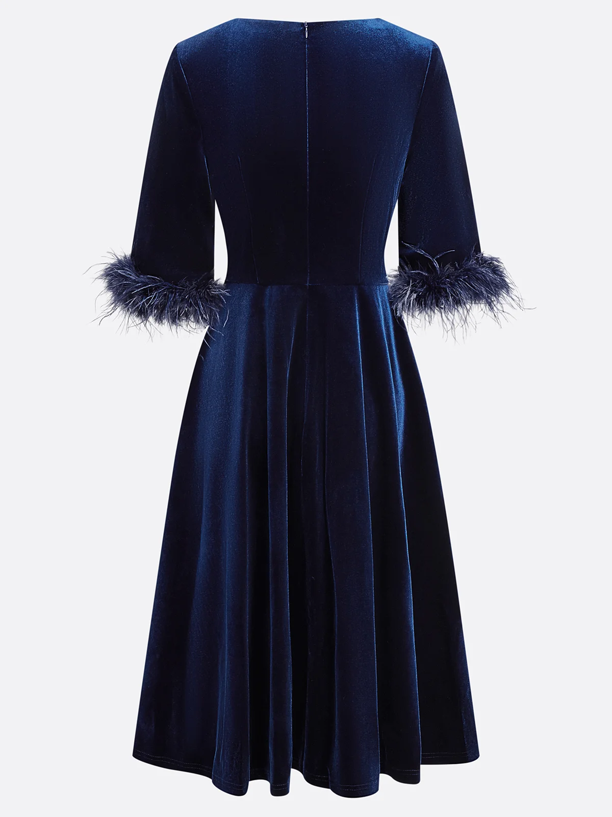 Purplish blue Feather-trimmed Velvet Crew Neck Half Sleeve A-Line Midi Dress