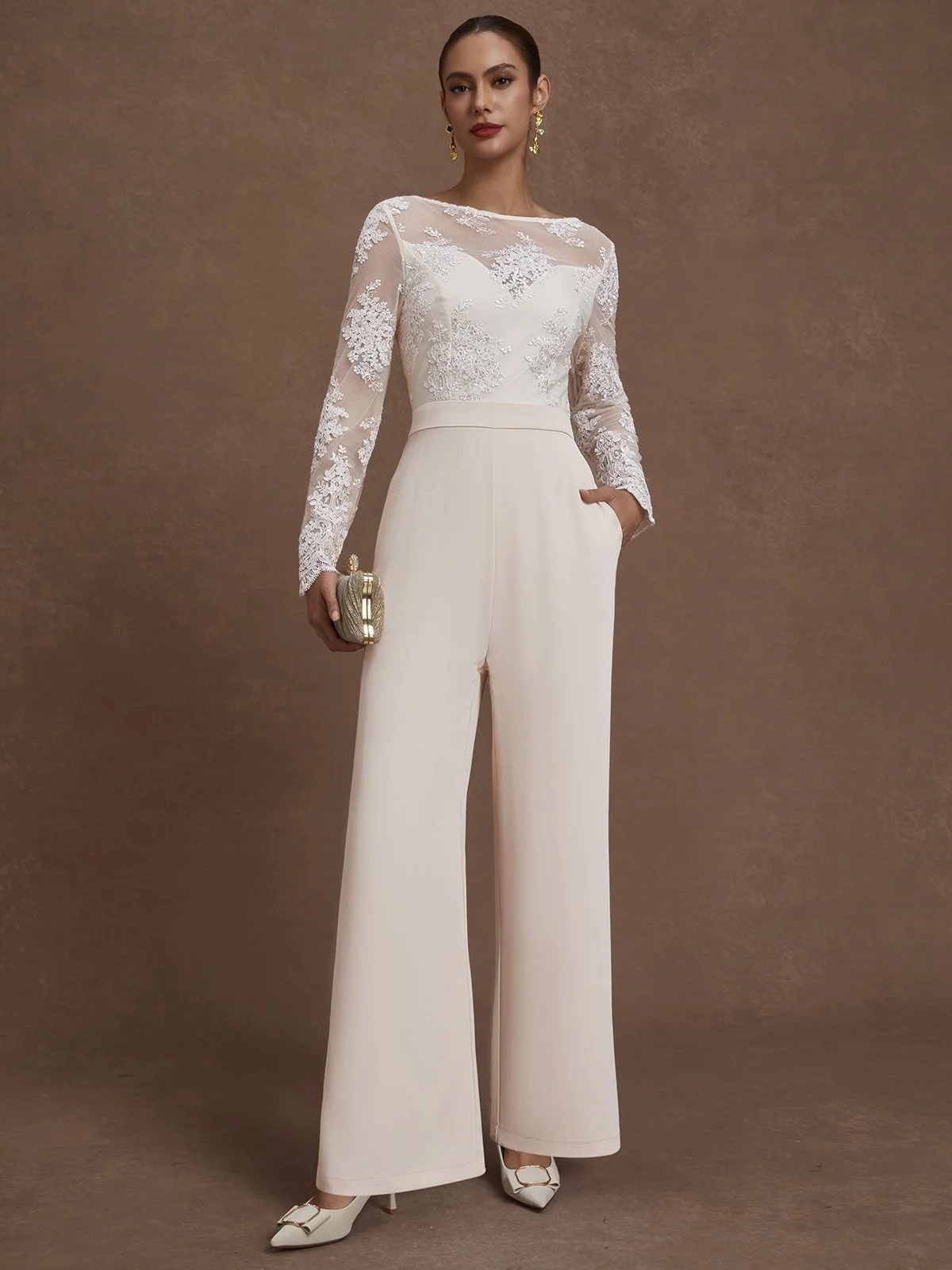 Women Apricot Lace Beaded Boat Neck Long Sleeve Regular Sleeve Dressy Jumpsuit