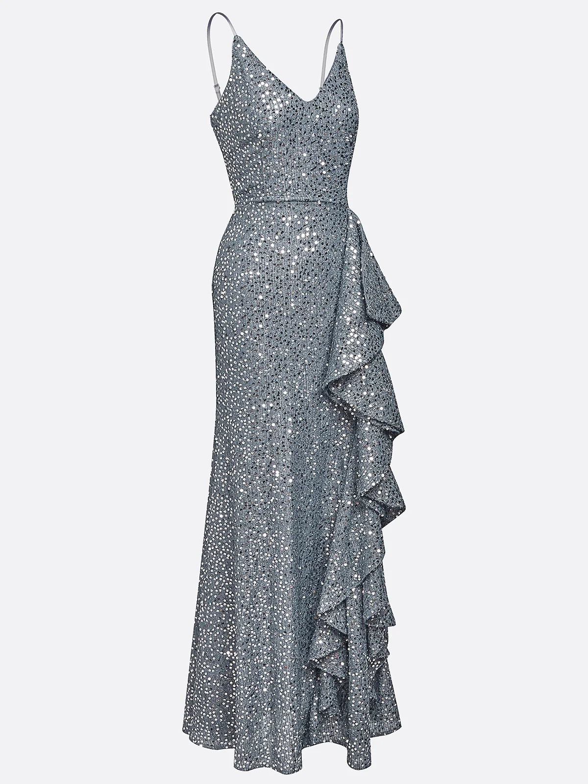Silver Sequin Ruffled Spaghetti Sleeveless A-Line Gown