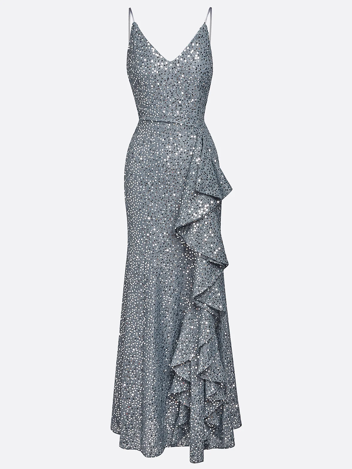 Silver Sequin Ruffled Spaghetti Sleeveless A-Line Gown
